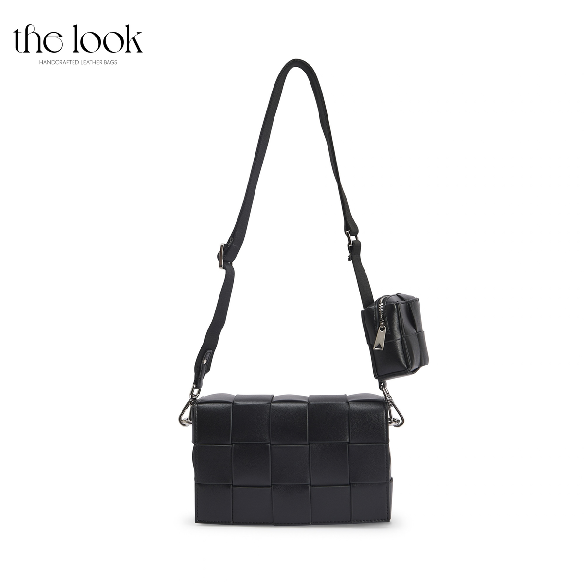 Black Loop Grid Extra woven leather crossbody bag with adjustable strap and removable zippered pouch | The Look Officiel