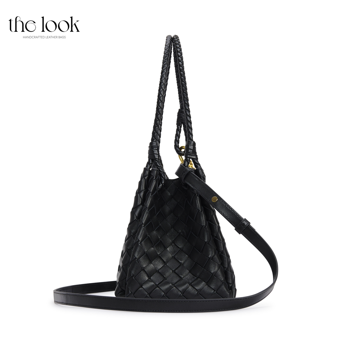 Black The Loop Medium Parachute Convertible Shoulder Bag leather bag side view with braided handle and adjustable detachable strap | The Look Officiel