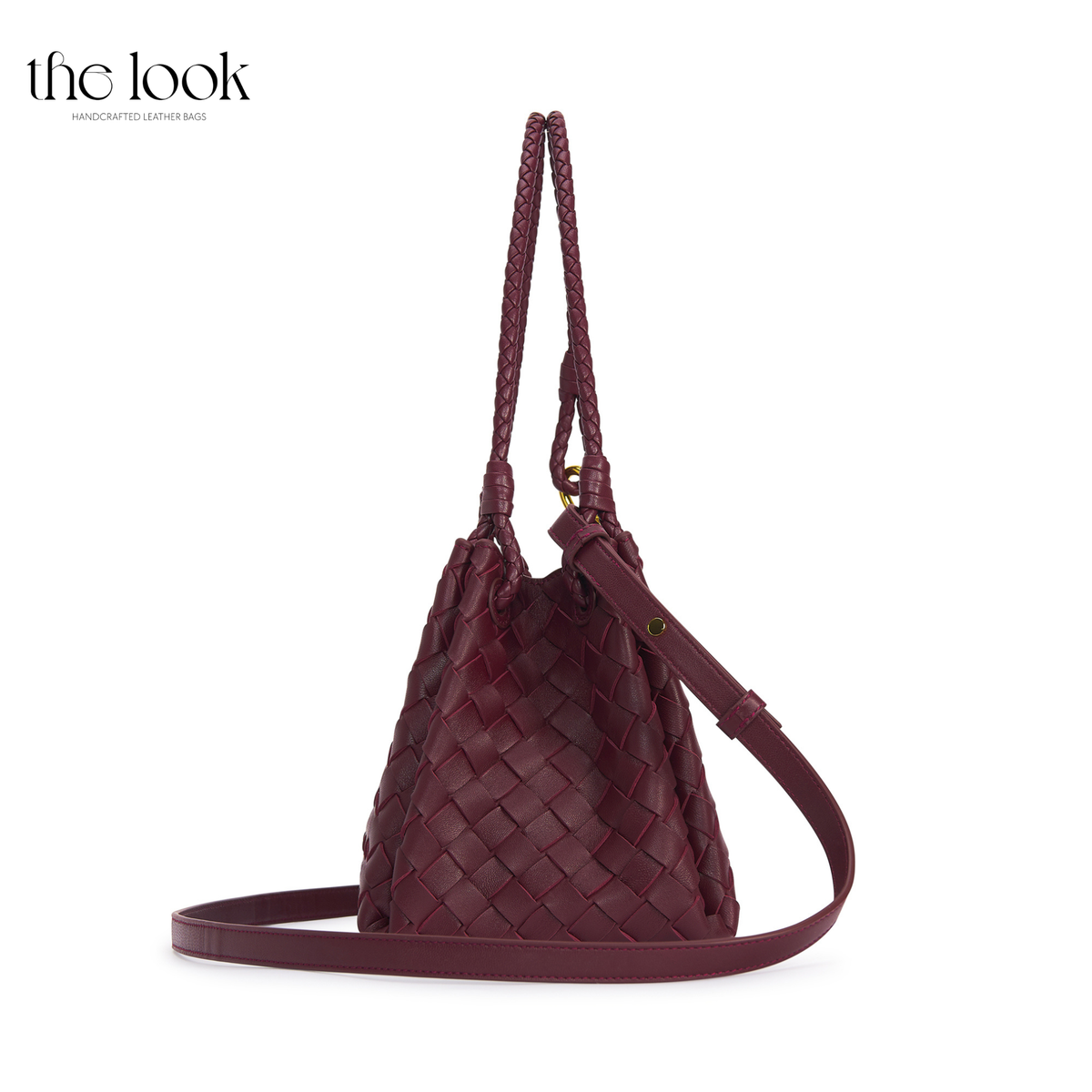 Burgundy The Loop Medium Parachute Convertible Shoulder Bag leather bag side view with detachable adjustable strap | The Look Officiel