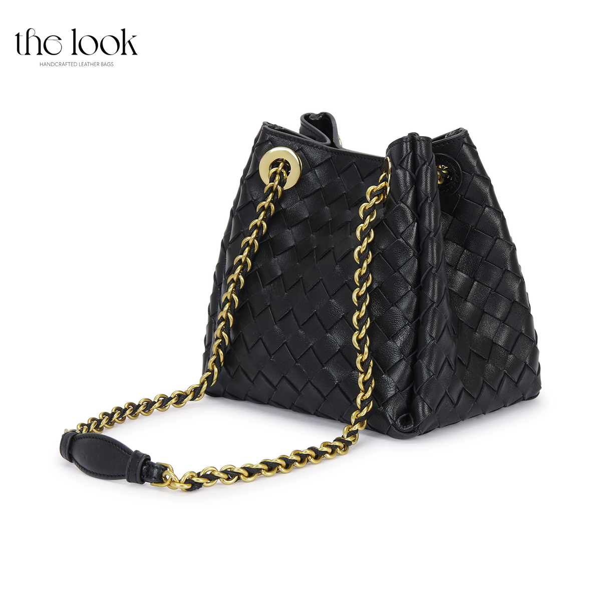 The Loop Small Chain Parachute Convertible Crossbody in black woven lambskin leather, side view with adjustable chain strap | The Look Officiel