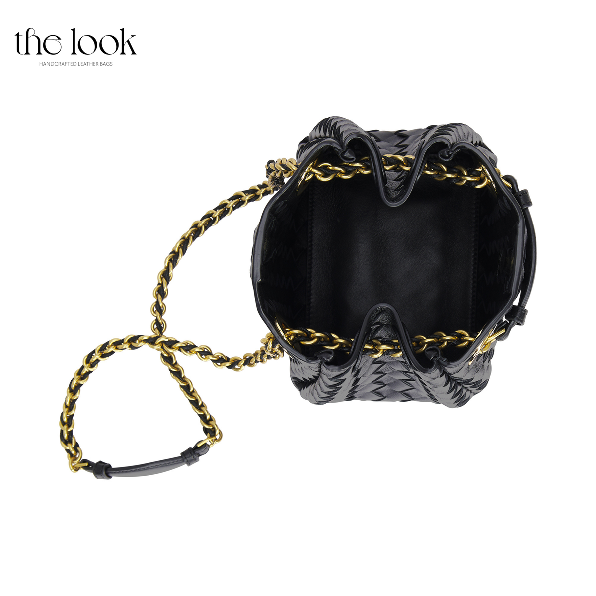 The Loop Small Chain Parachute Convertible Crossbody in black, top view showing main compartment and chain strap | The Look Officiel
