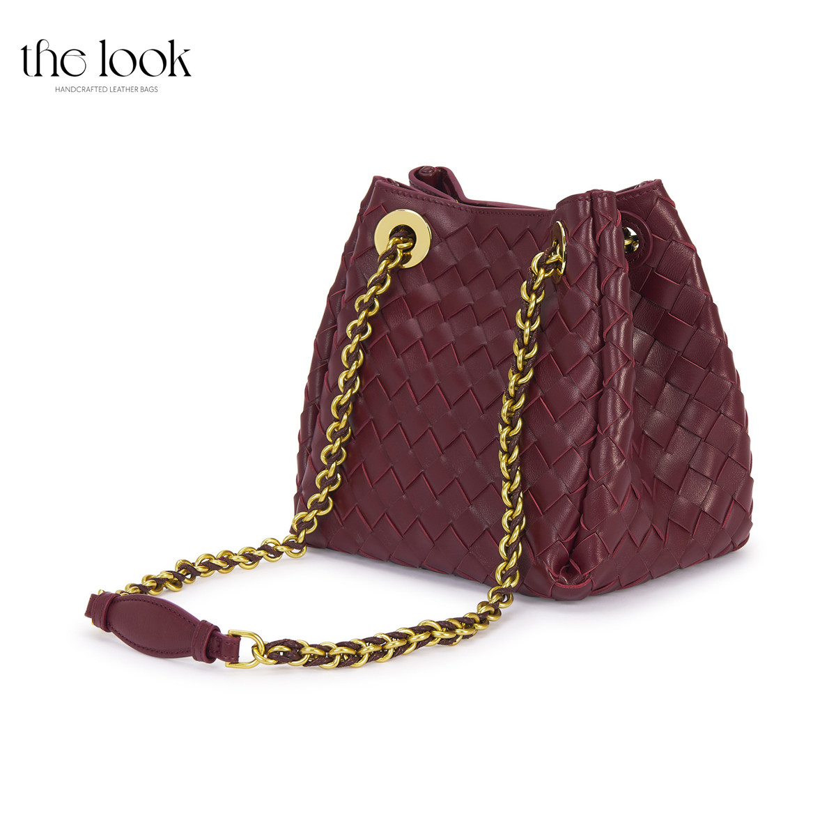 The Loop Small Chain Parachute Convertible Crossbody in burgundy woven lambskin leather, side view with adjustable gold-toned chain strap | The Look Officiel