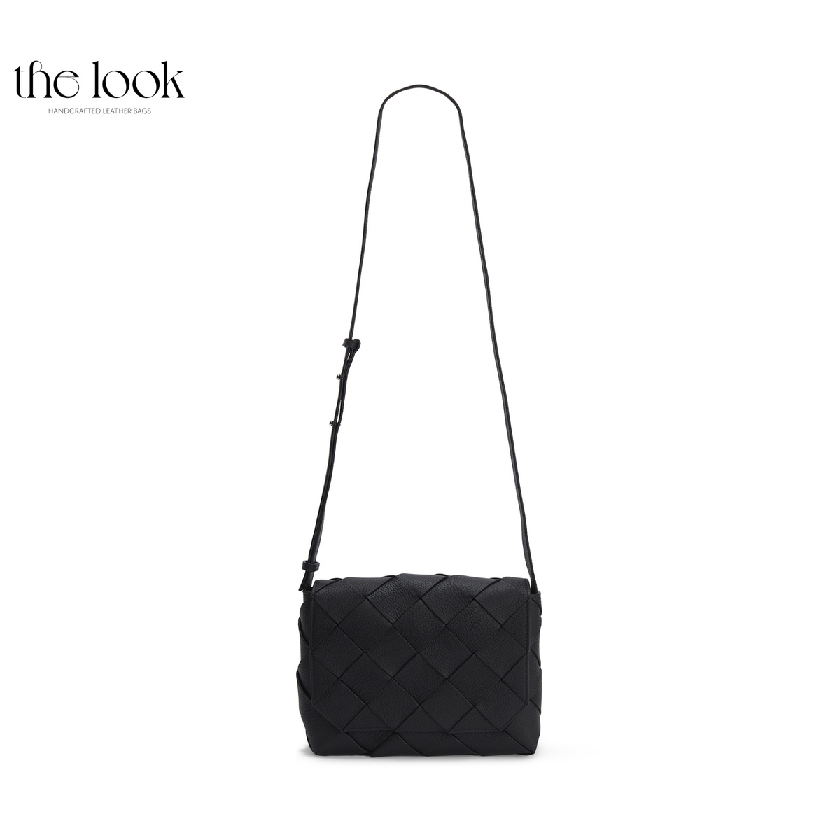 Black Loop Weave leather crossbody bag with geometric woven flap and extended adjustable shoulder strap | The Look Officiel