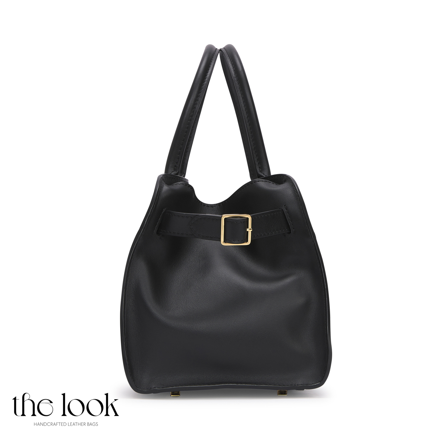 Black handbag with a gold buckle on a white background, branded 'the look'. | The Look Officiel