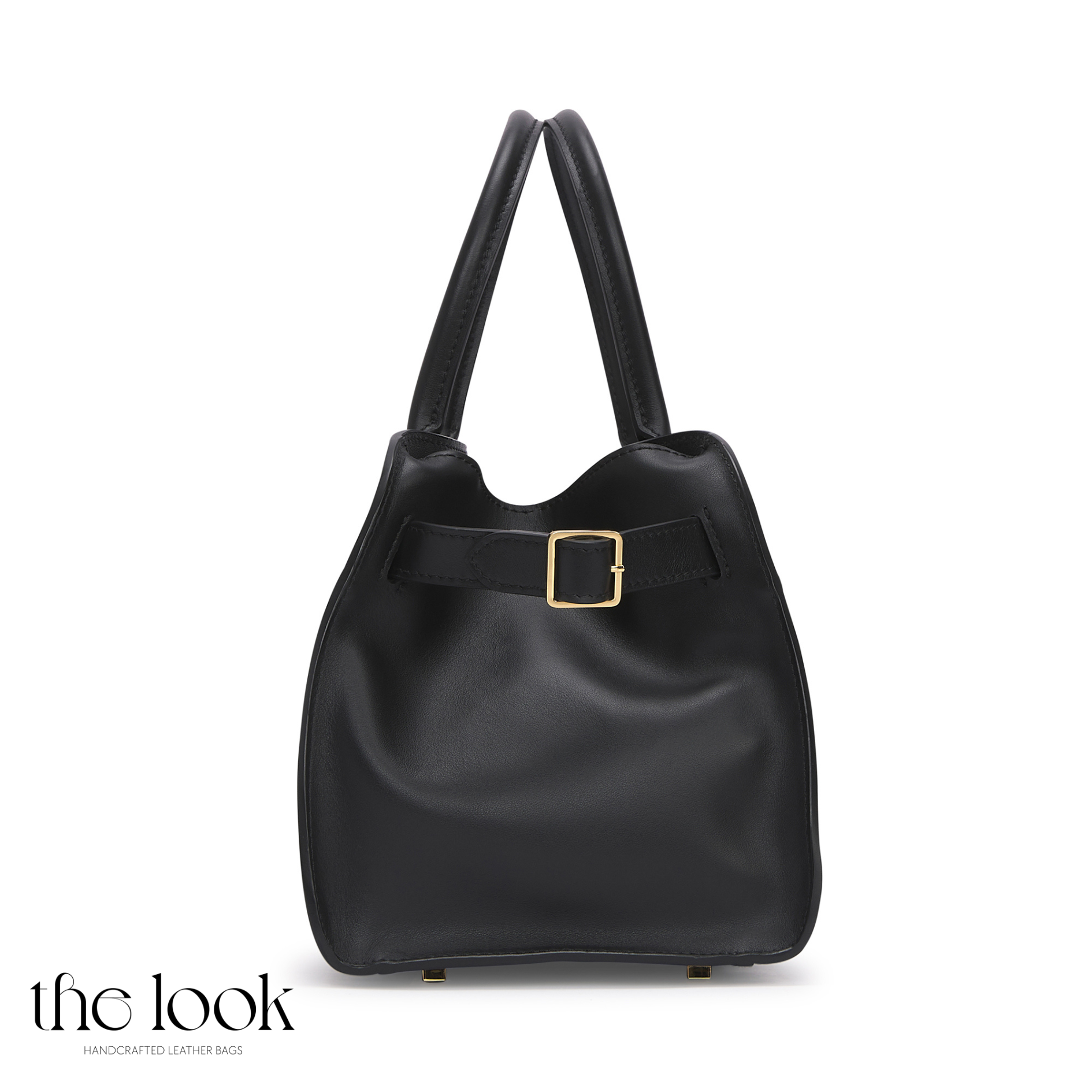 Black handbag with a gold buckle on a white background, branded 'the look'. | The Look Officiel