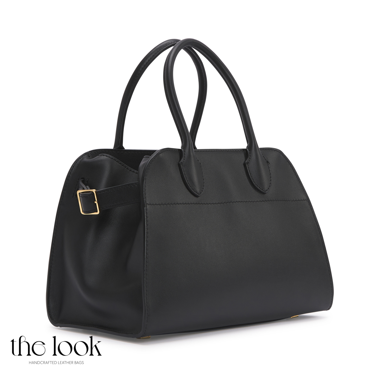 Black handbag with gold buckle on a white background, branded 'the look'. | The Look Officiel