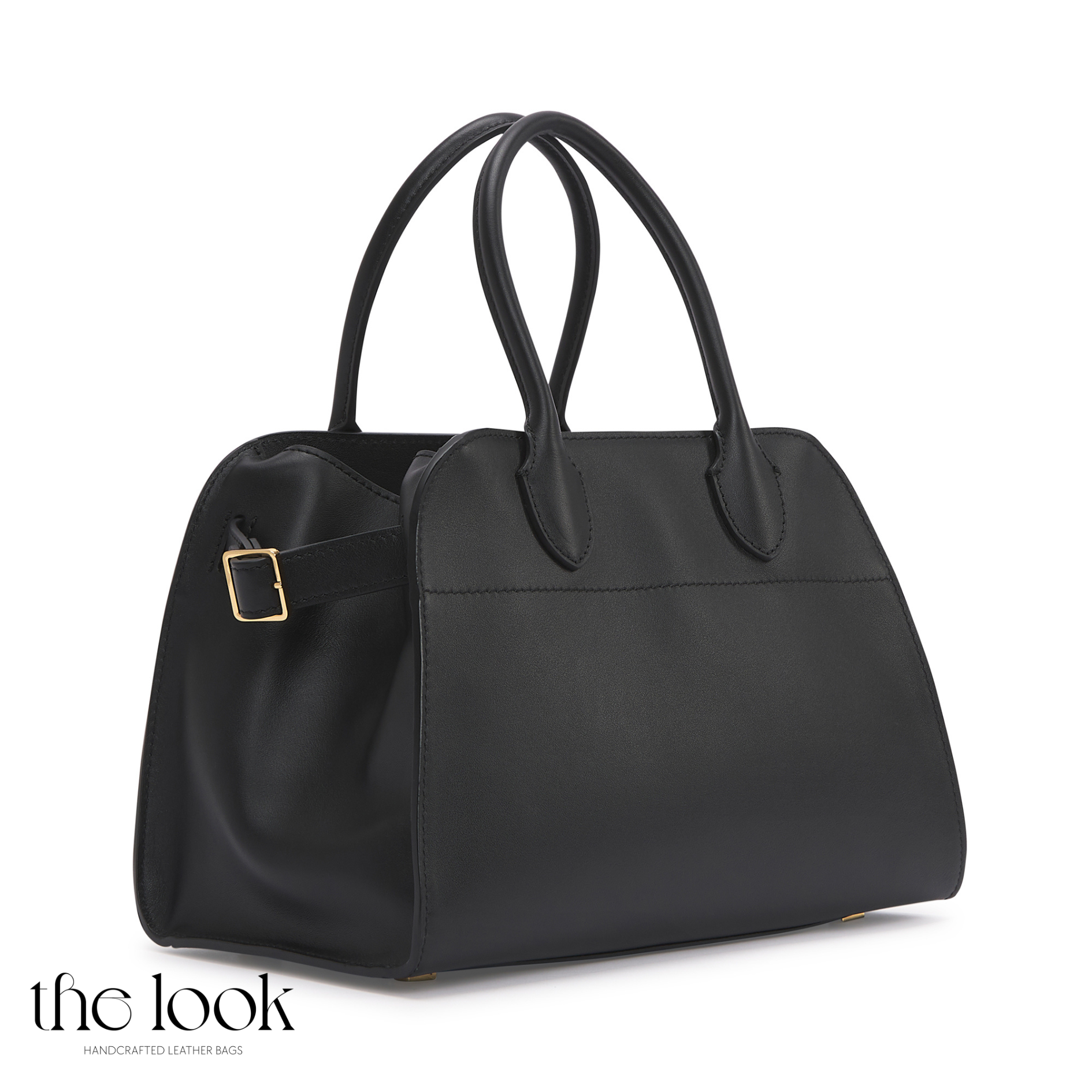 Black handbag with gold buckle on a white background, branded 'the look'. | The Look Officiel