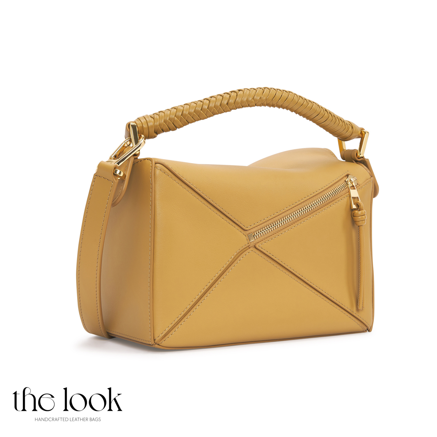 Back view of Mosaic Medium Braided Crossbody highlighting mosaic panel construction-Mustard 