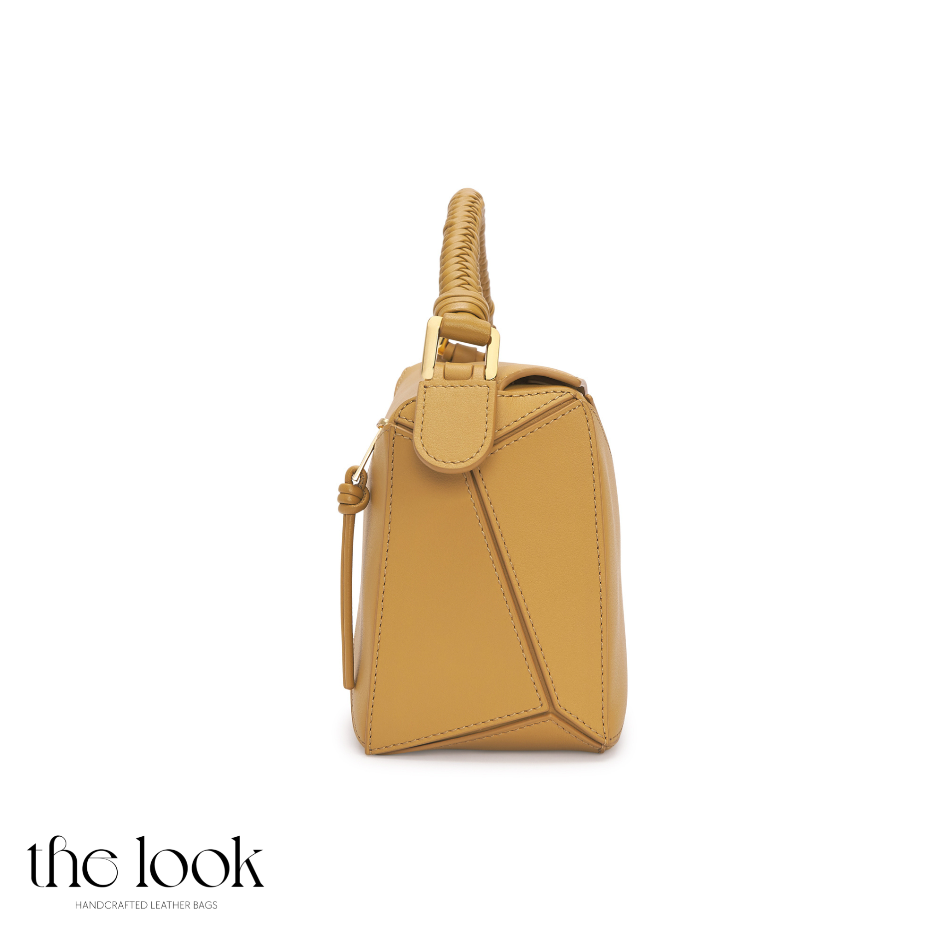 Side profile of Mosaic Medium Braided Crossbody with structured calfskin leather body-Mustard