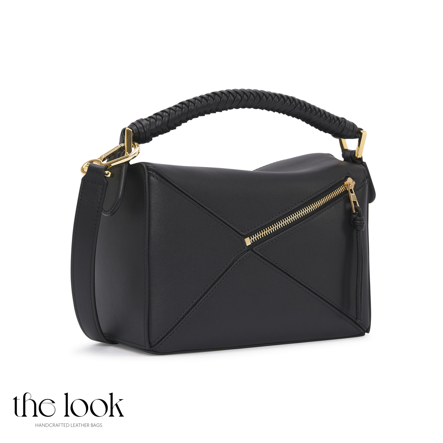 Back view of Mosaic Medium Braided Crossbody highlighting mosaic panel construction-Black