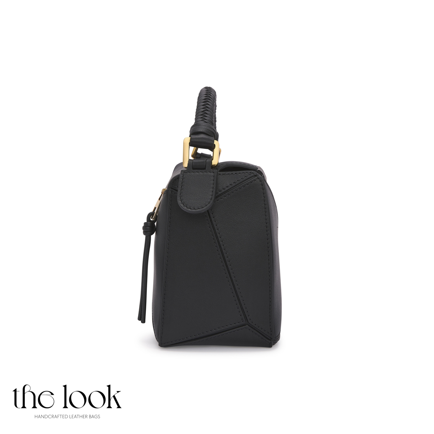 Side profile of Mosaic Medium Braided Crossbody with structured calfskin leather body_ Black