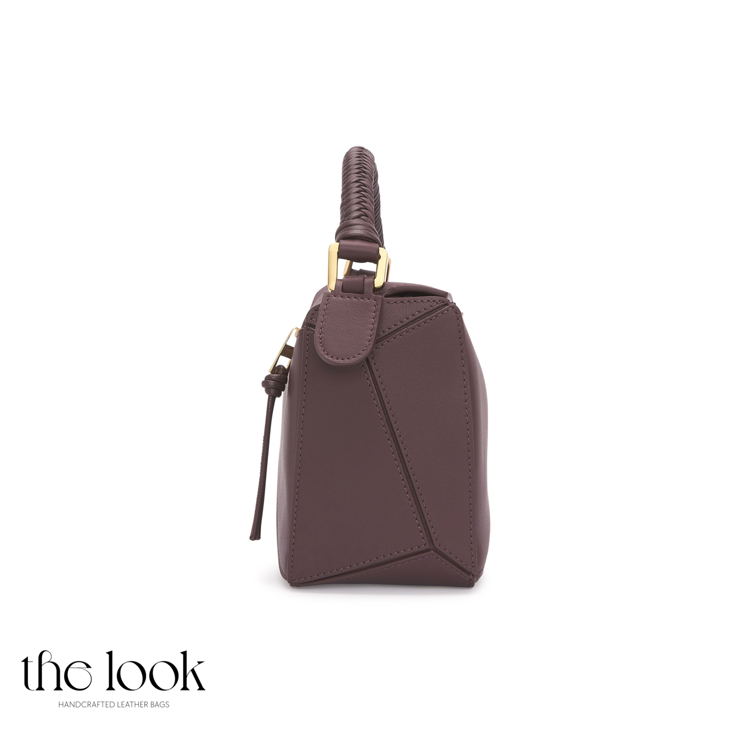 Side profile of Mosaic Medium Braided Crossbody with structured calfskin leather body-burgundy 