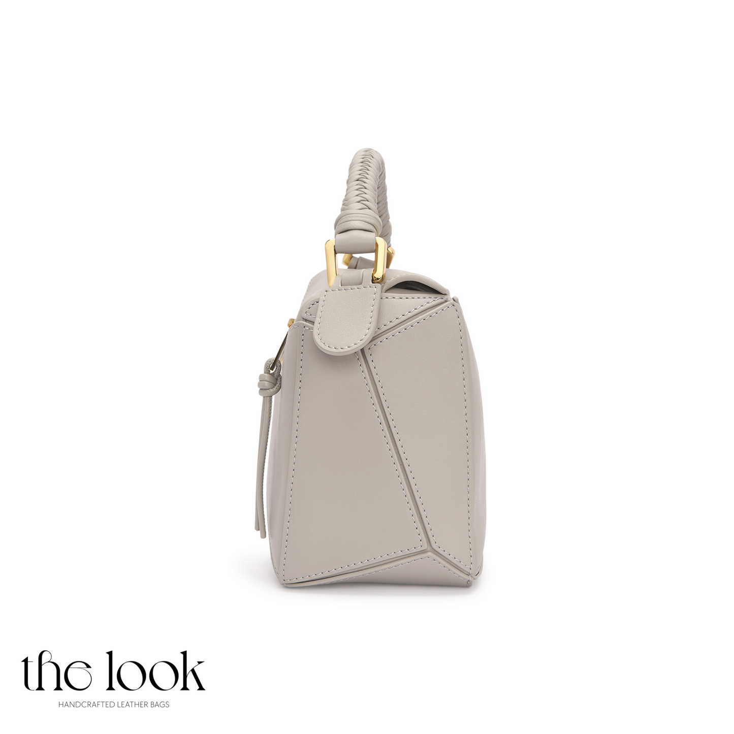 Side profile of Mosaic Medium Braided Crossbody with structured calfskin leather body-light-gray