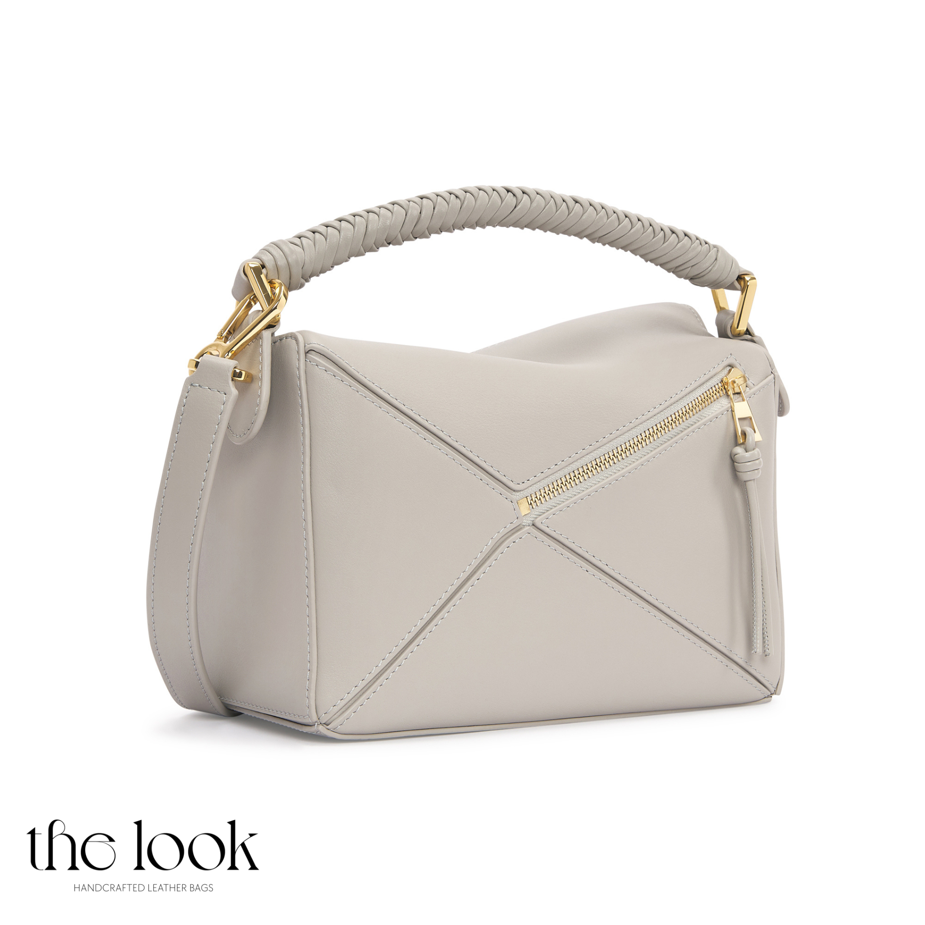 Back view of Mosaic Medium Braided Crossbody highlighting mosaic panel construction_Light_Gray