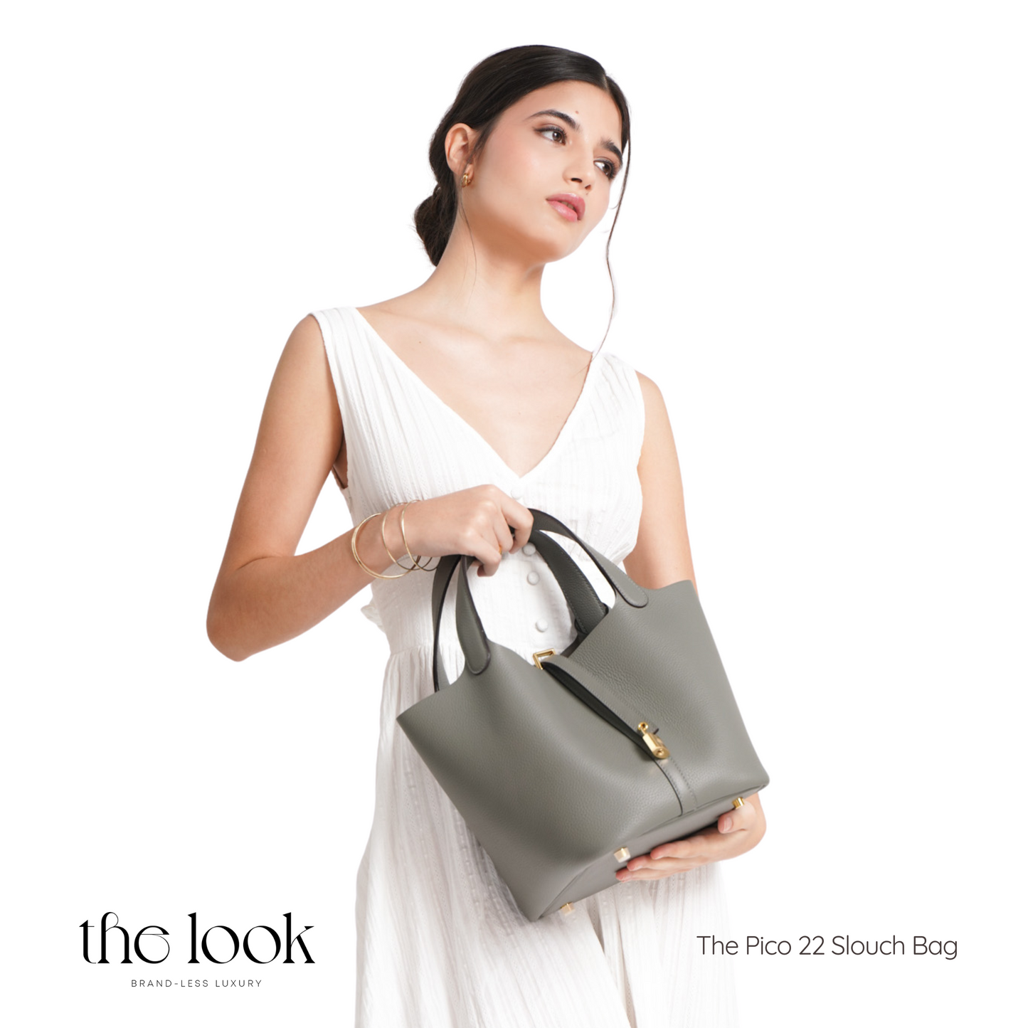 The Portia 22 Graphite Medium Bucket Bag- Soft Calfskin Leather | Gold Hardware ( Elité Edition)