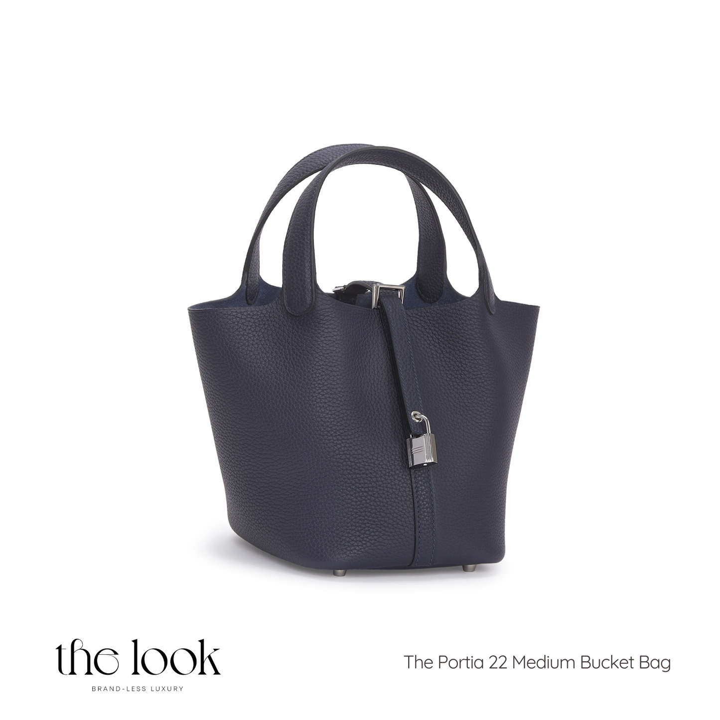Navy blue handbag with a silver lock on a white background, branded 'the look'. | The Look Officiel