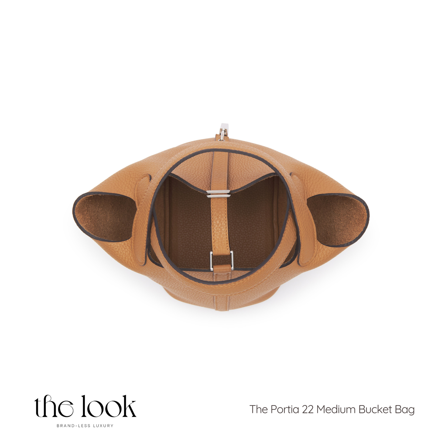 Brown Portia 22 Medium Bucket Bag on a white background with 'the look' branding. | The Look Officiel