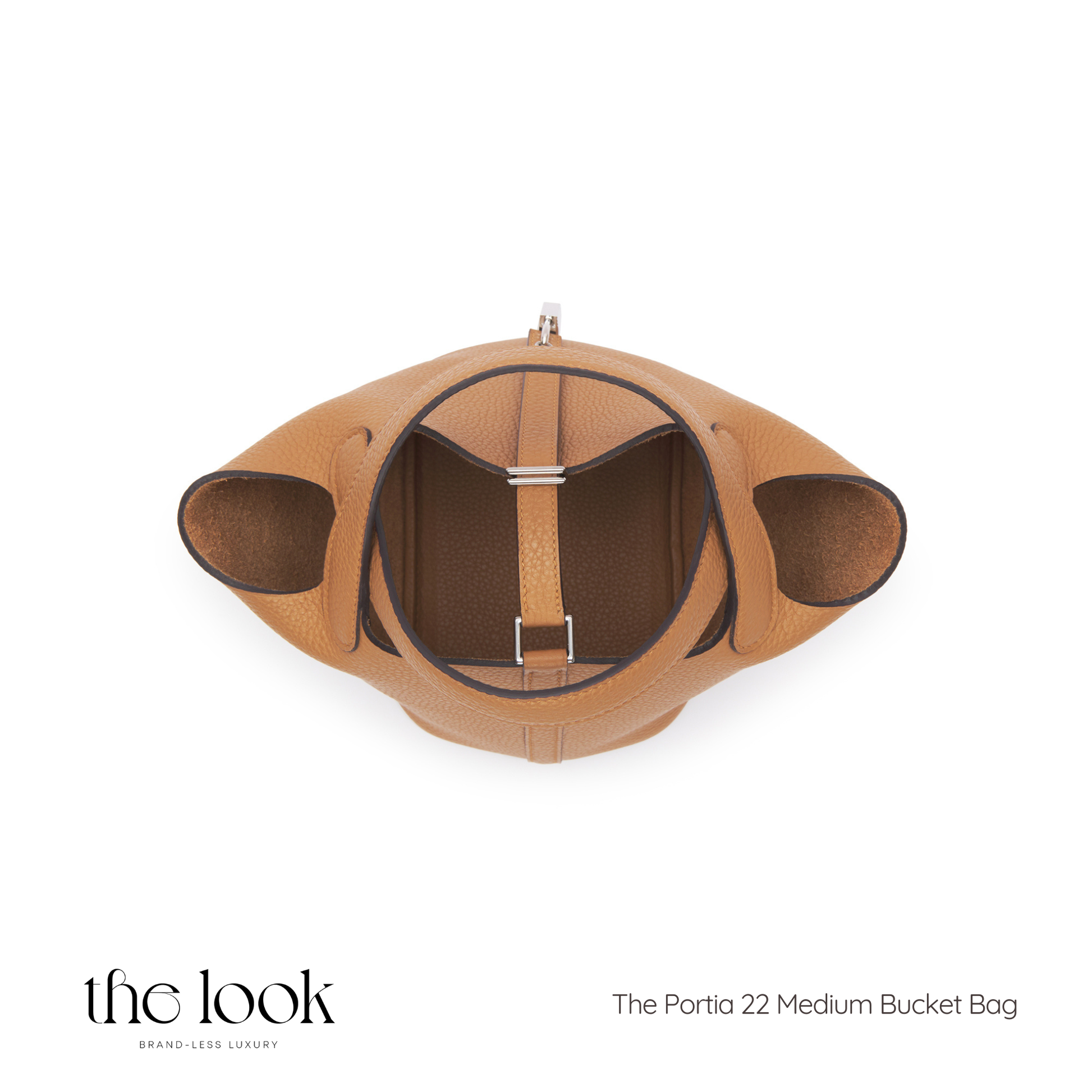 Brown Portia 22 Medium Bucket Bag on a white background with 'the look' branding. | The Look Officiel