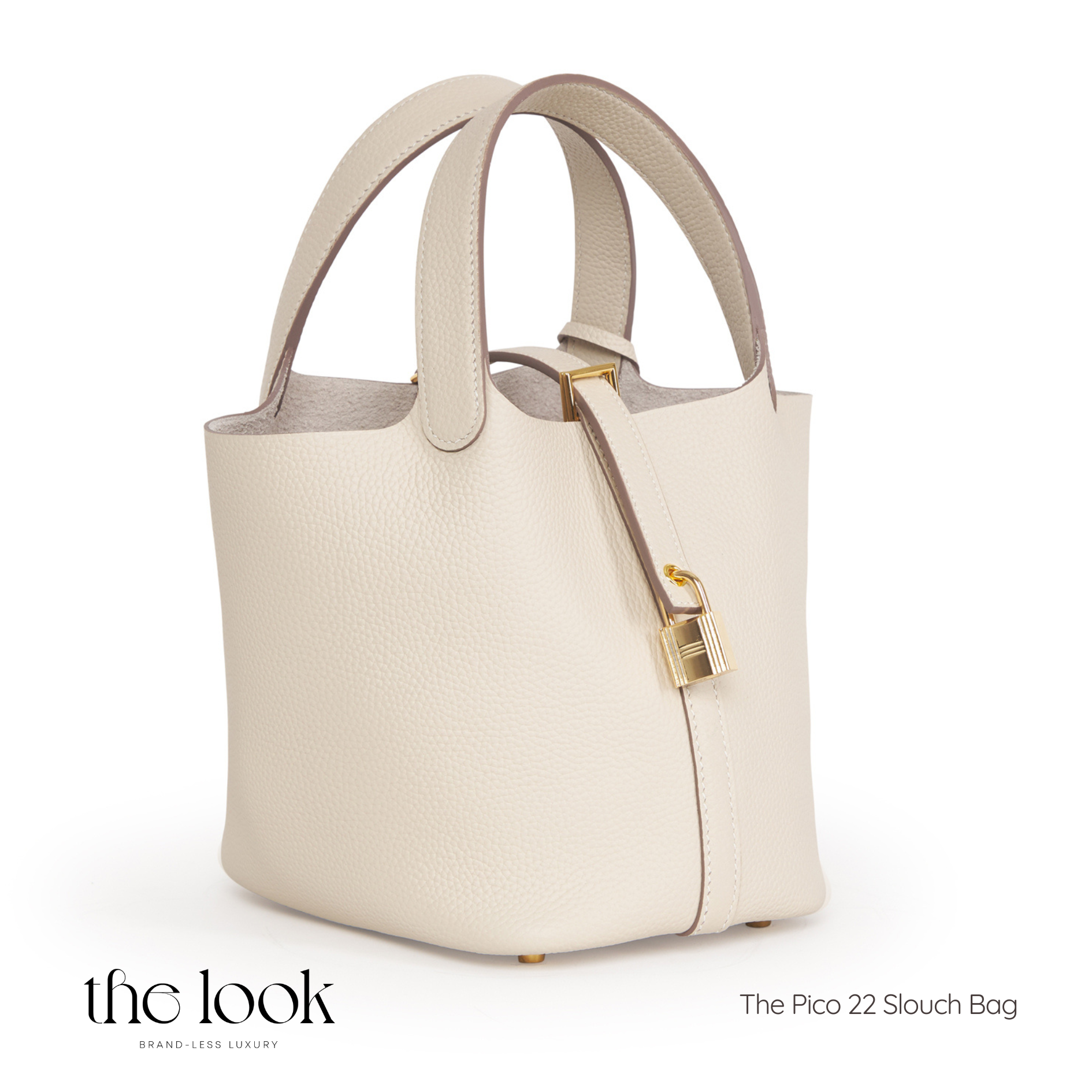 Beige handbag with gold accents on a white background, featuring 'the look' brand. | The Look Officiel