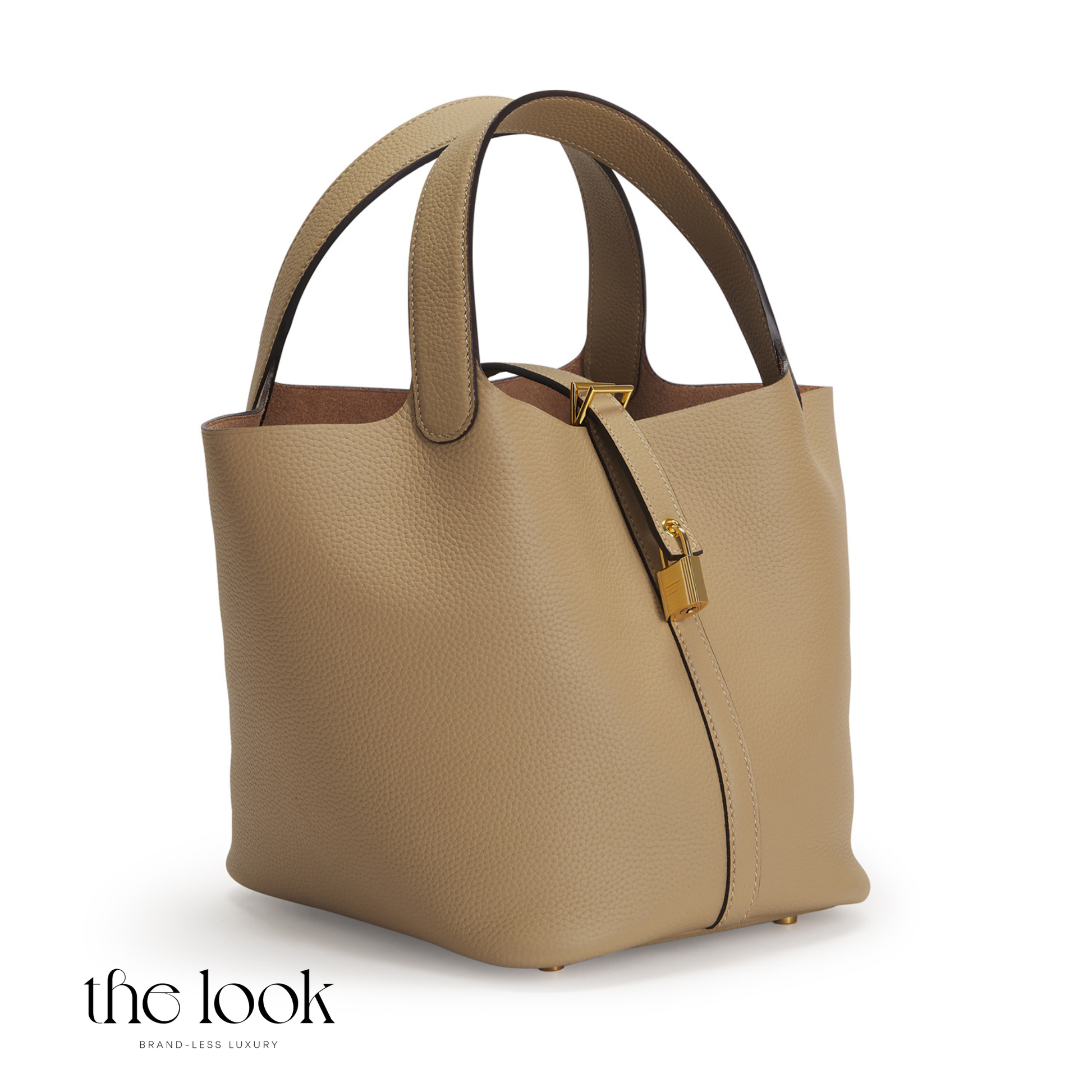 Beige handbag with brown accents on a white background, featuring 'the look' brand. | The Look Officiel
