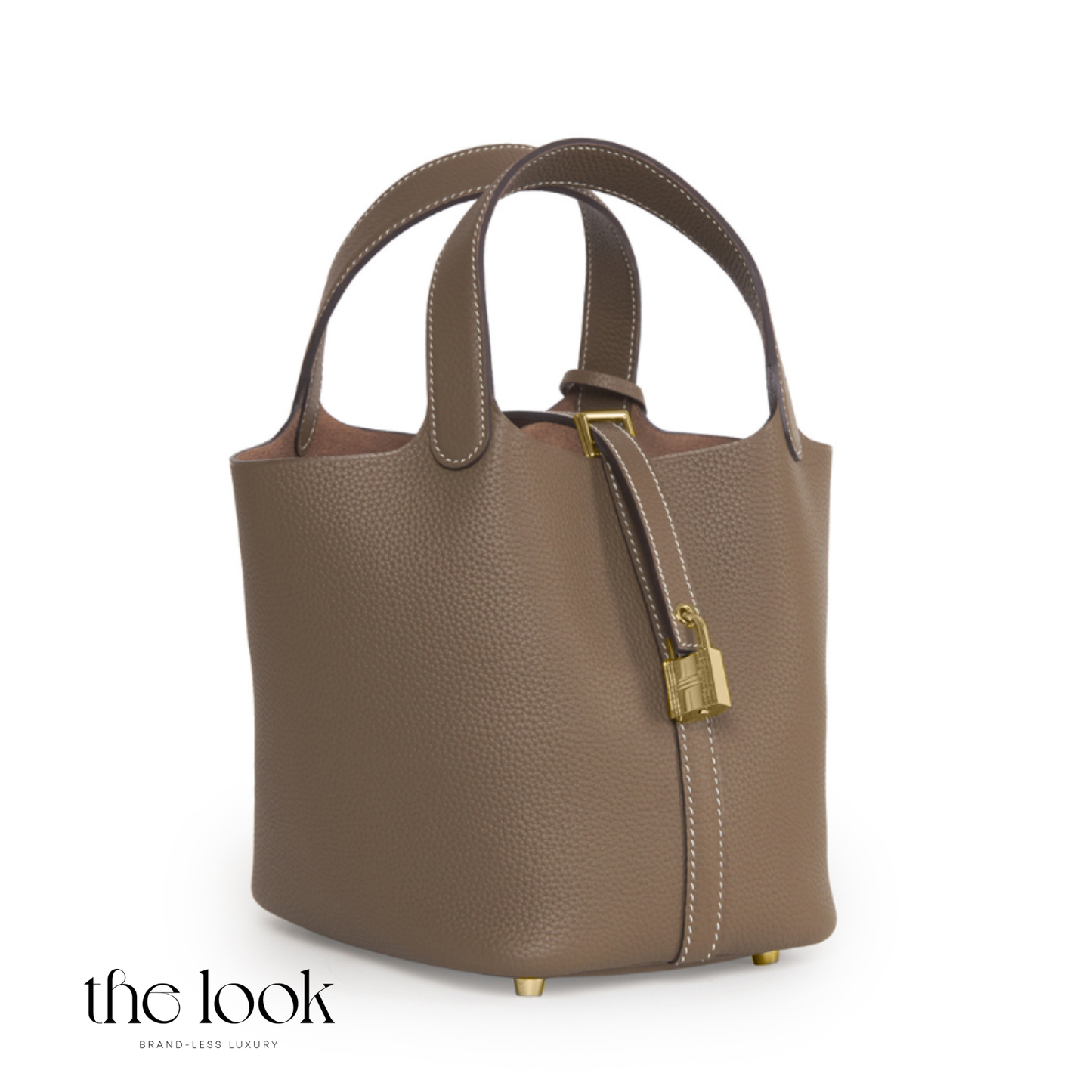 Brown handbag with gold accents on a white background, featuring 'the look' brand. | The Look Officiel