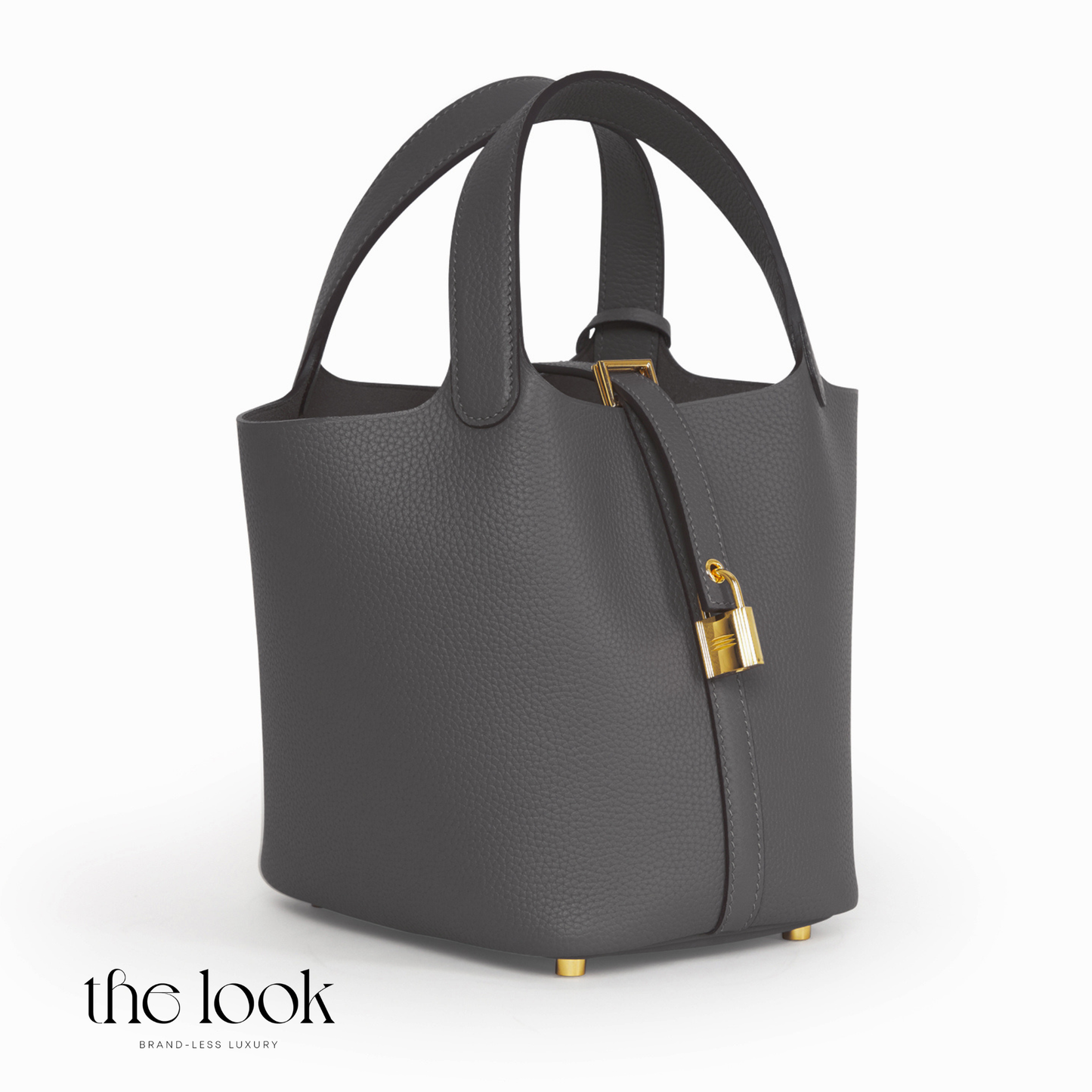 Gray handbag with gold accents on a white background, featuring 'the look' brand. | The Look Officiel