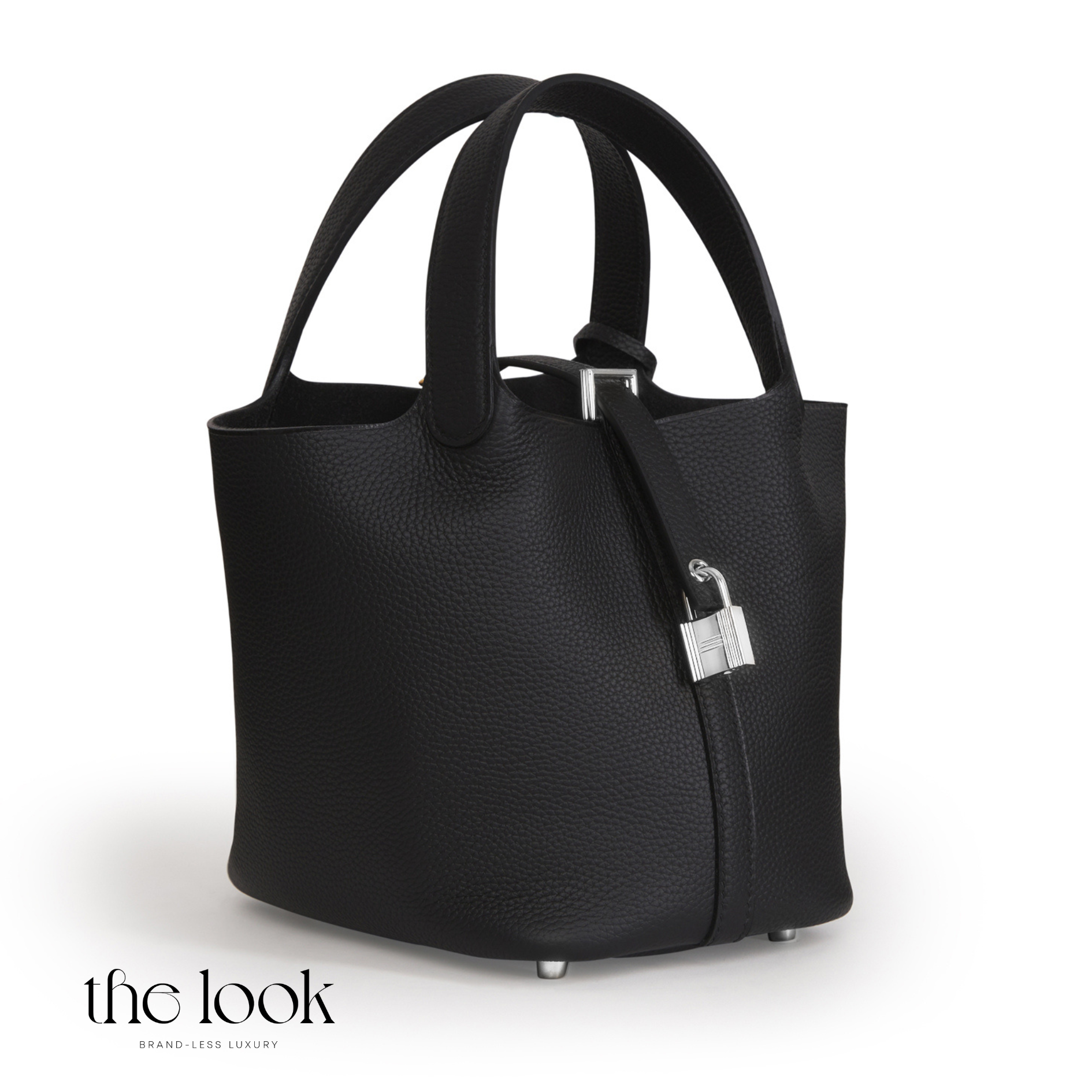 Black handbag with a silver lock on a white background, featuring 'the look' brand. | The Look Officiel