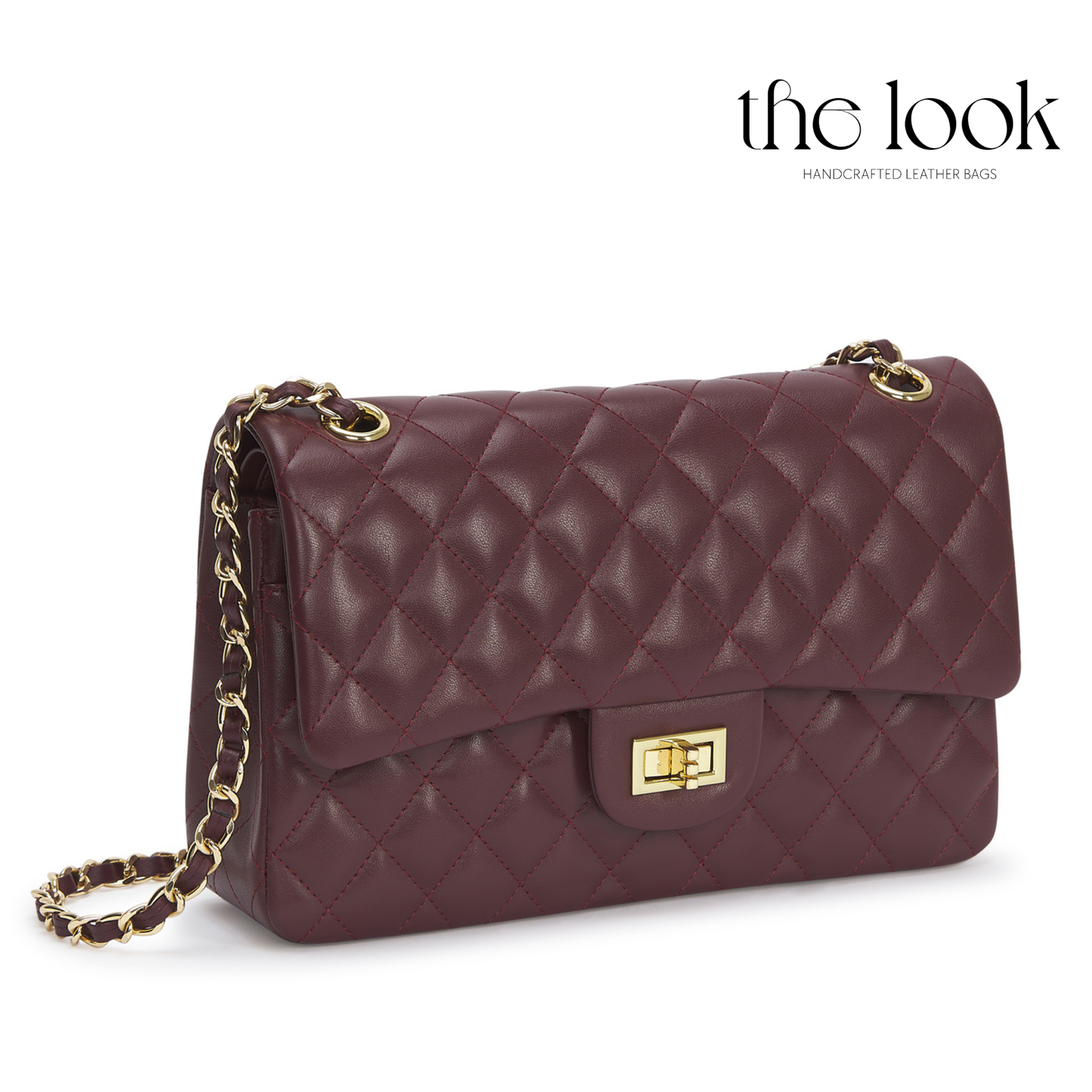 Quilted leather handbag with gold chain strap on a white background, branded 'the look'. | The Look Officiel