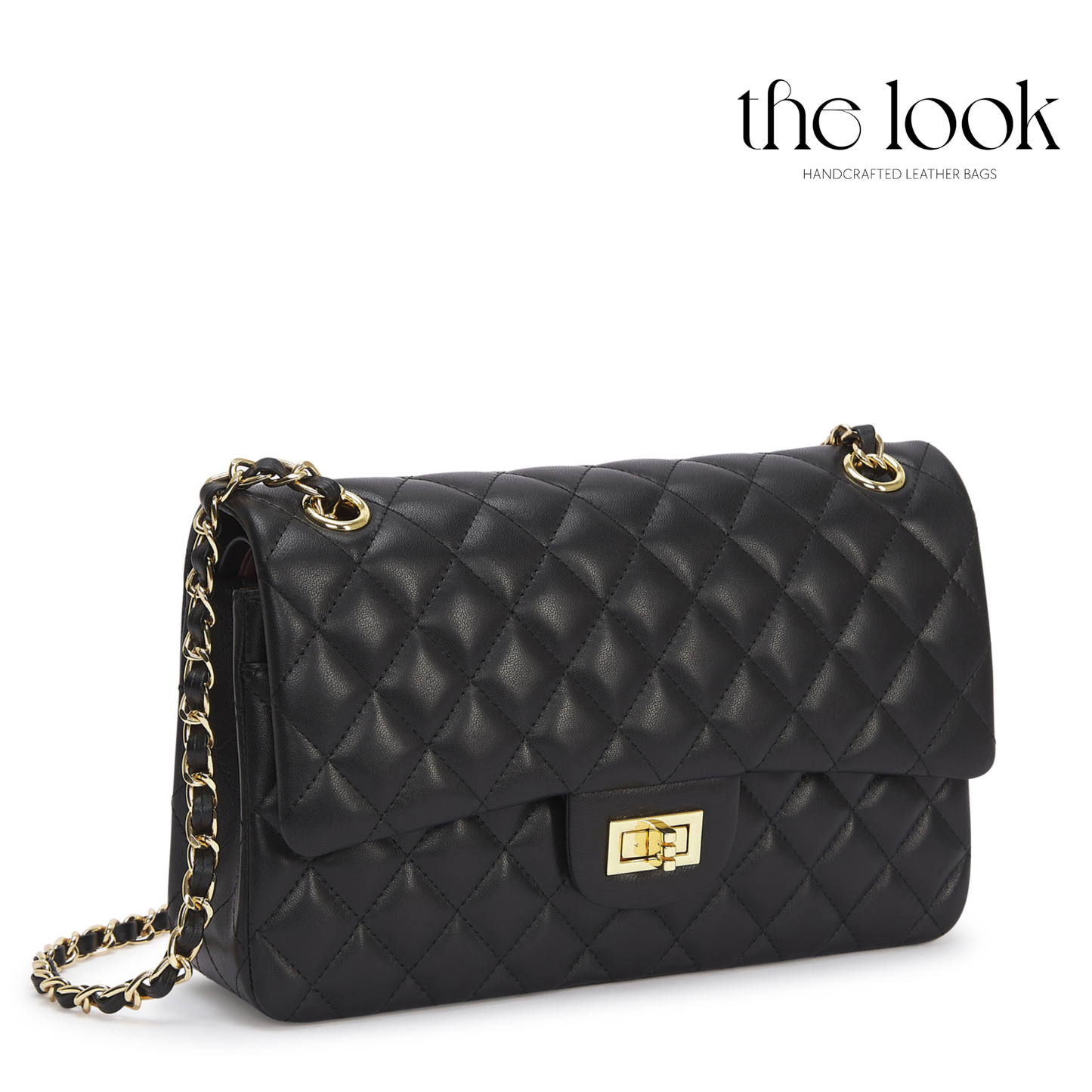 Black quilted handbag with gold chain and clasp on a white background, branded 'the look'. | The Look Officiel
