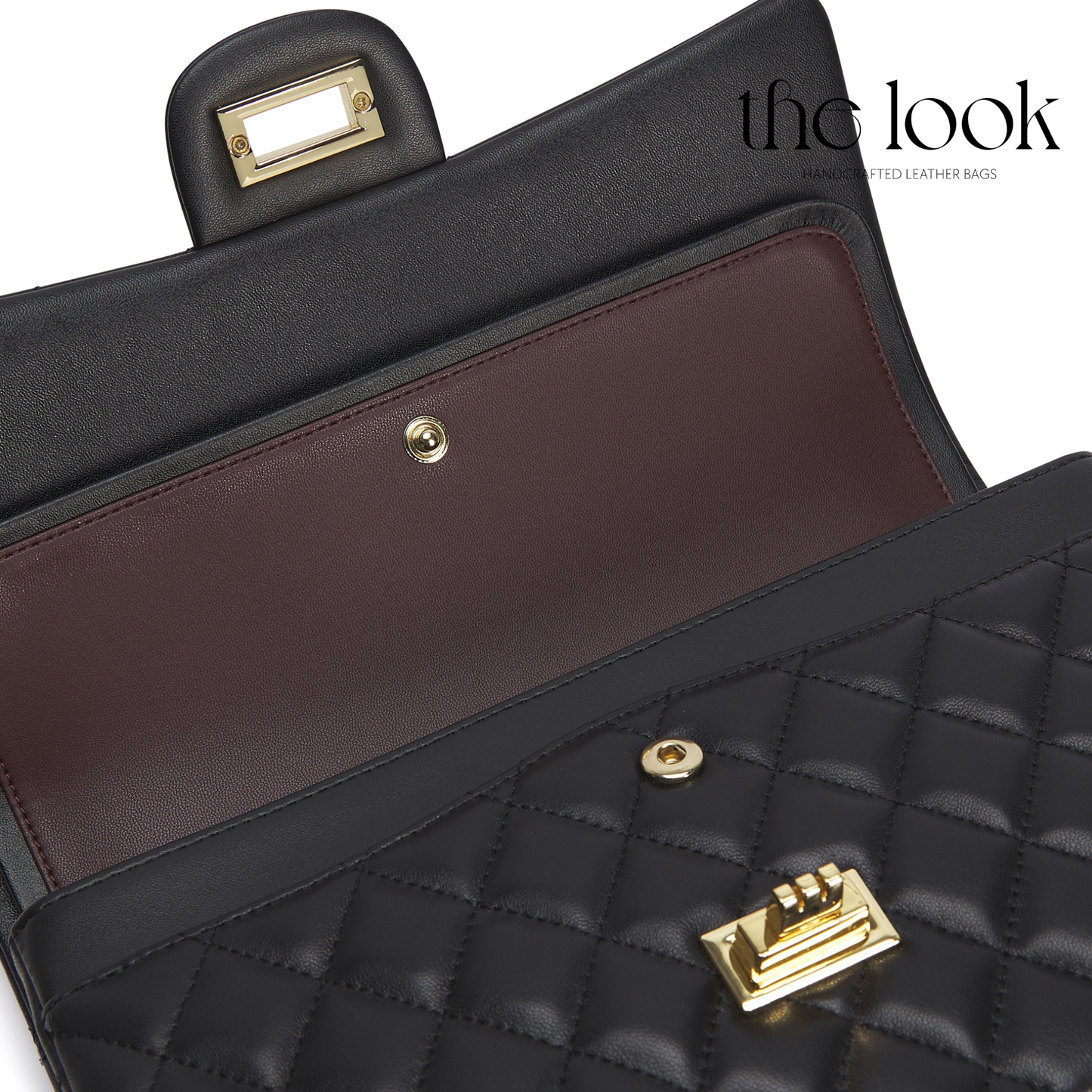Black quilted leather handbag with gold hardware on a white background, featuring 'the look' brand. | The Look Officiel