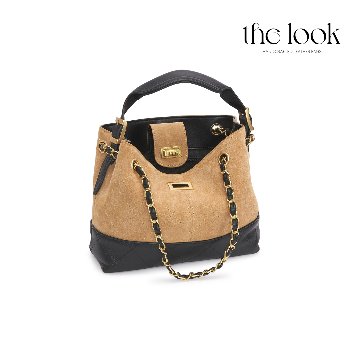 Tan and black handbag with gold chain detail on a white background, featuring 'the look' brand. | The Look Officiel