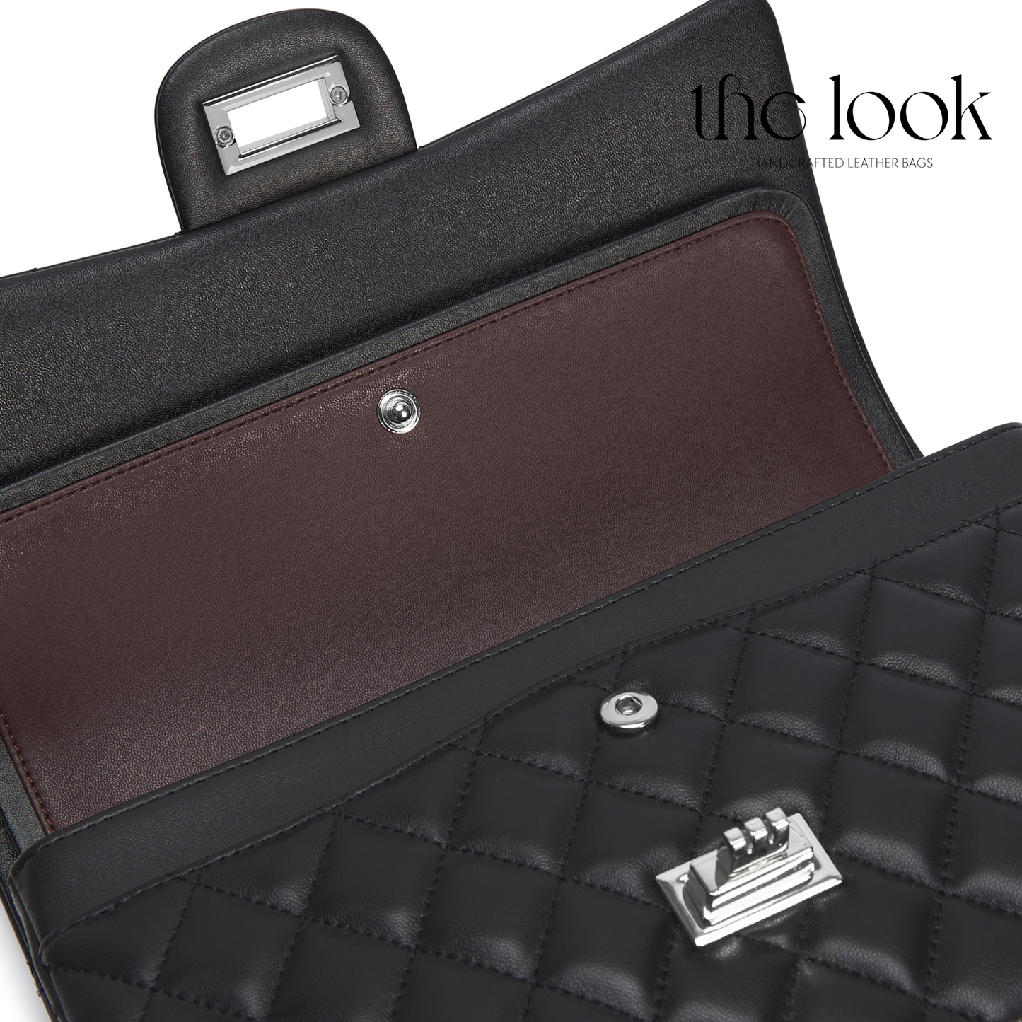 Close-up of a black quilted leather handbag with visible stitching and hardware. | The Look Officiel