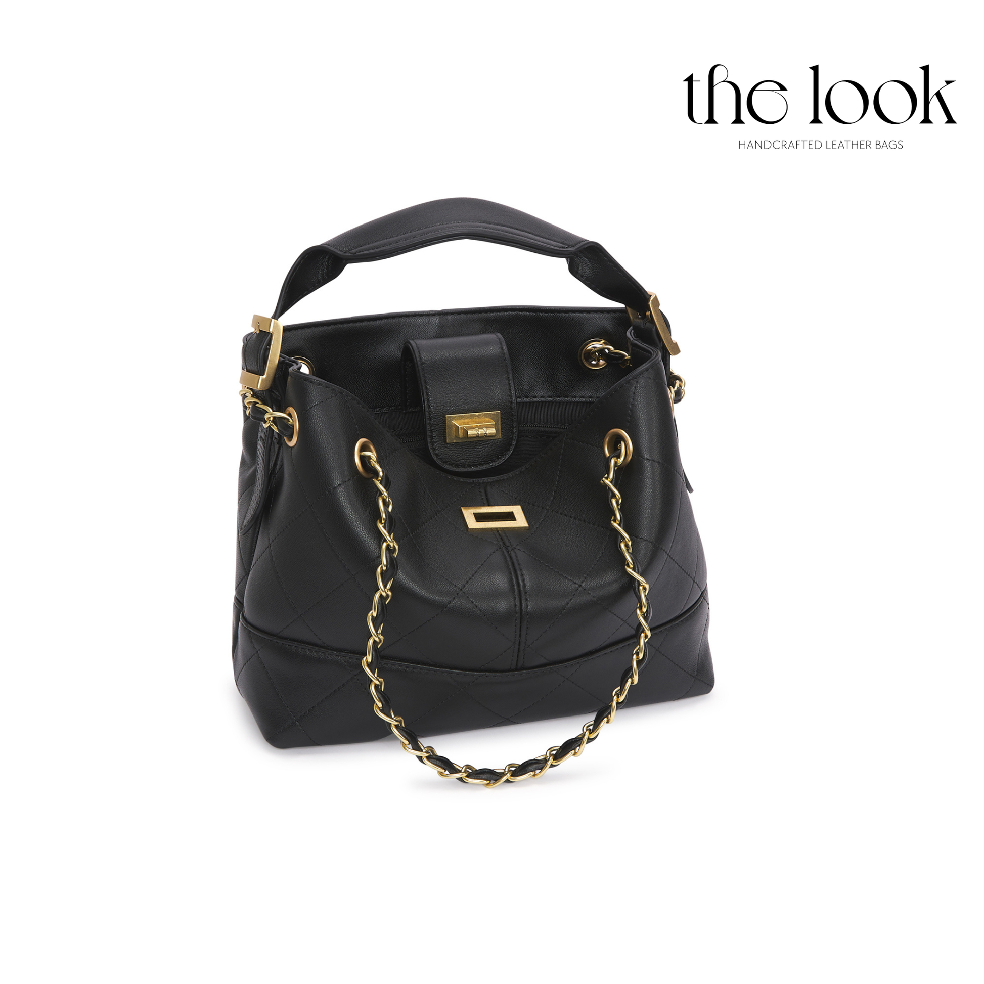 Black handbag with gold chain and hardware on a white background, branded 'the look'. | The Look Officiel