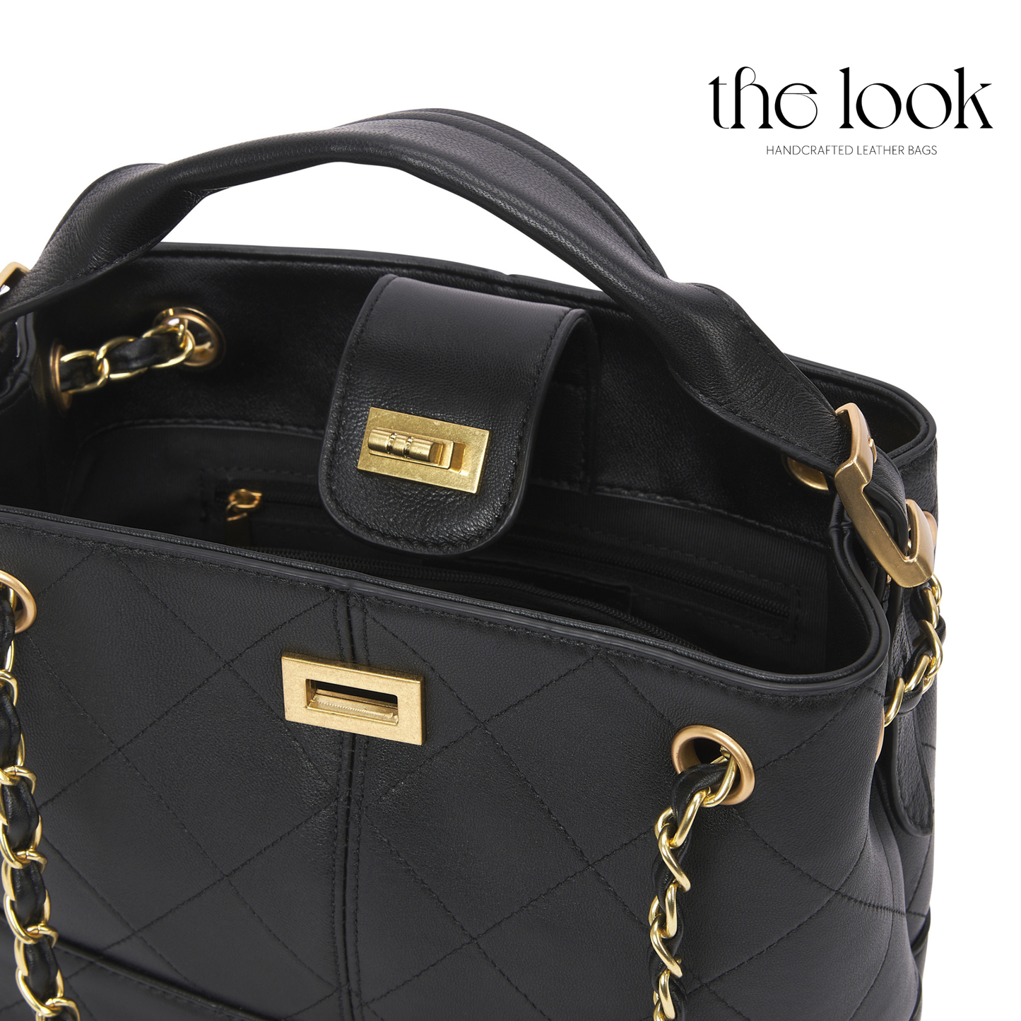 Black quilted handbag with gold accents on a white background, featuring 'the look' brand. | The Look Officiel