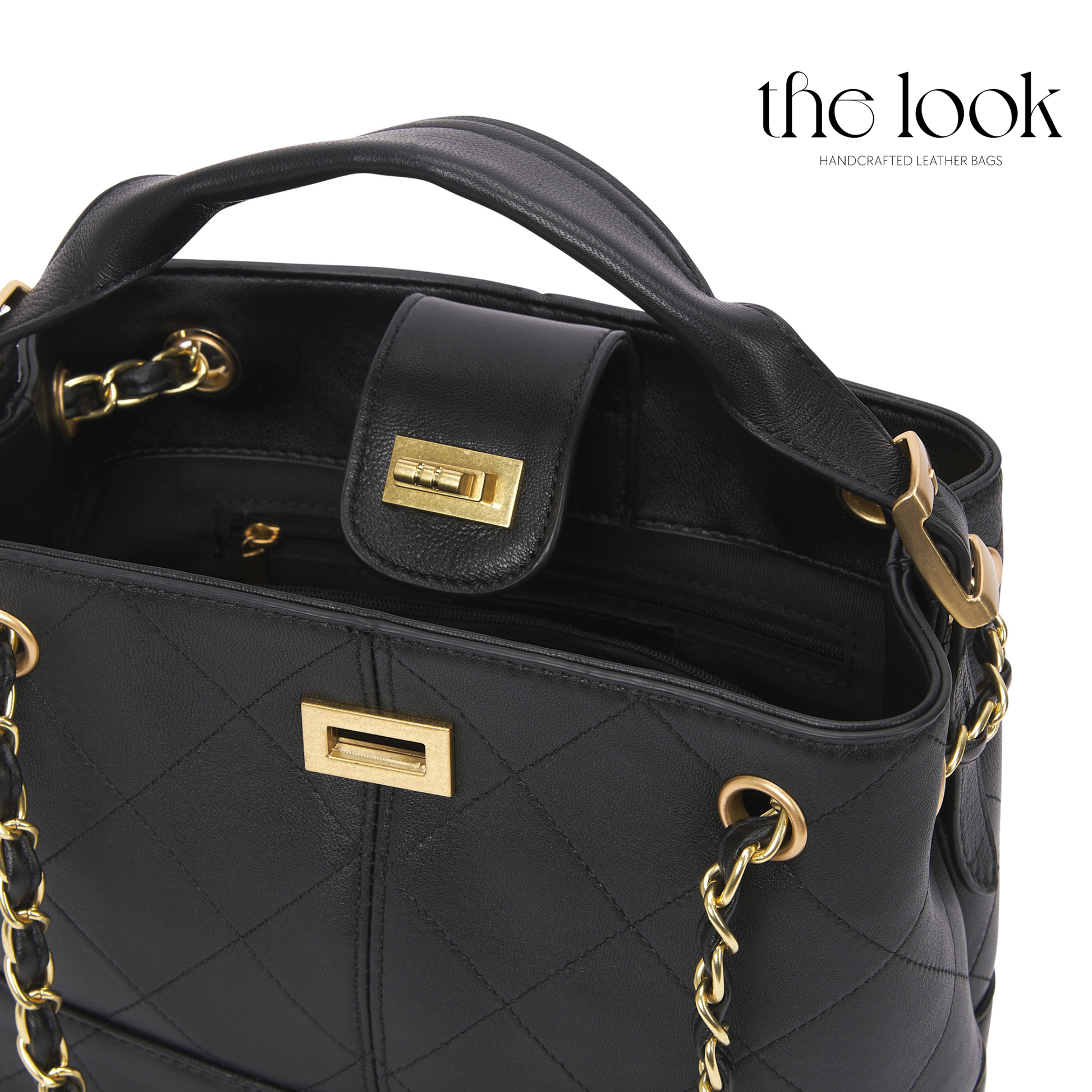 Black quilted handbag with gold accents on a white background, featuring 'the look' brand. | The Look Officiel