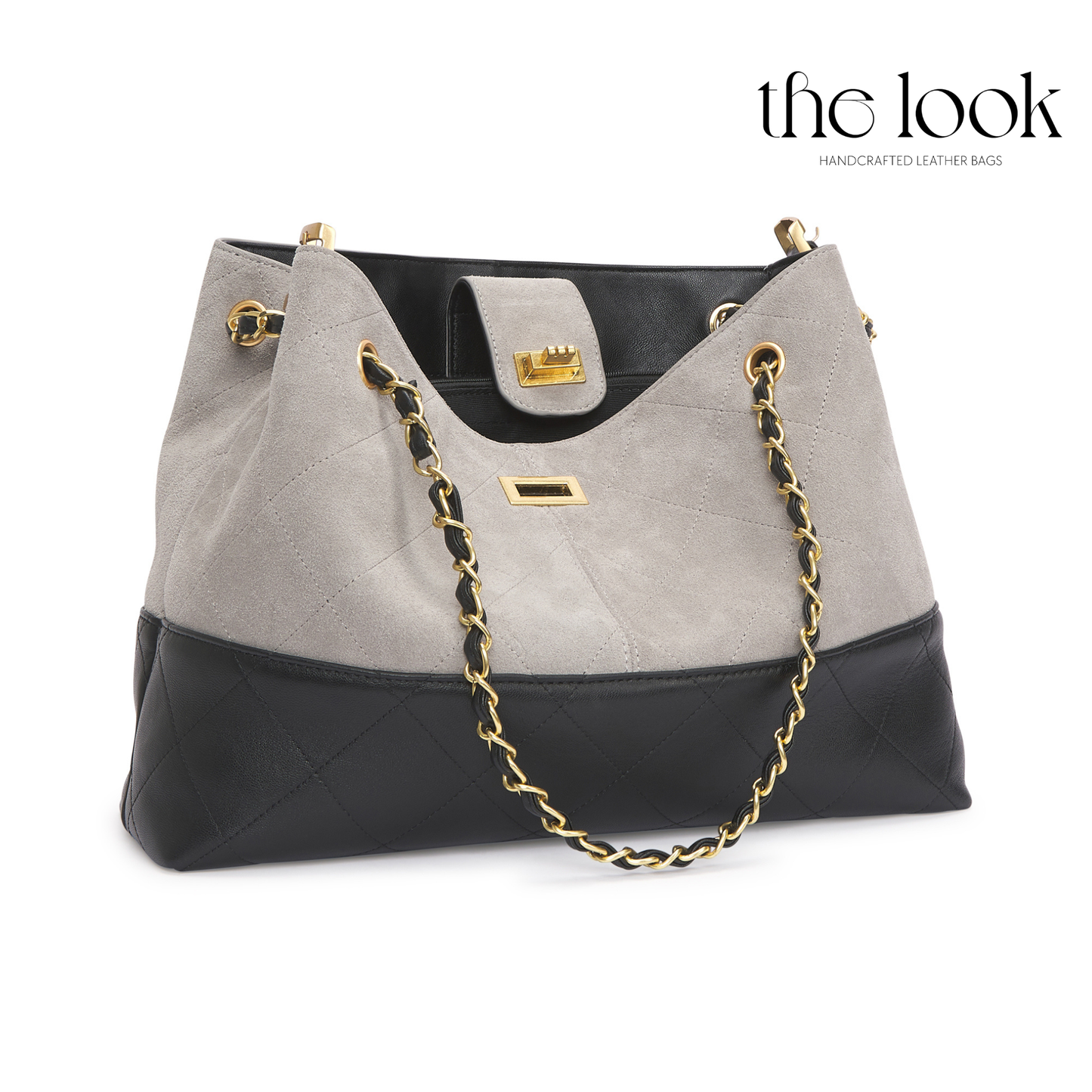 Gray and black handbag with gold chain strap on a white background, featuring 'the look' brand. | The Look Officiel