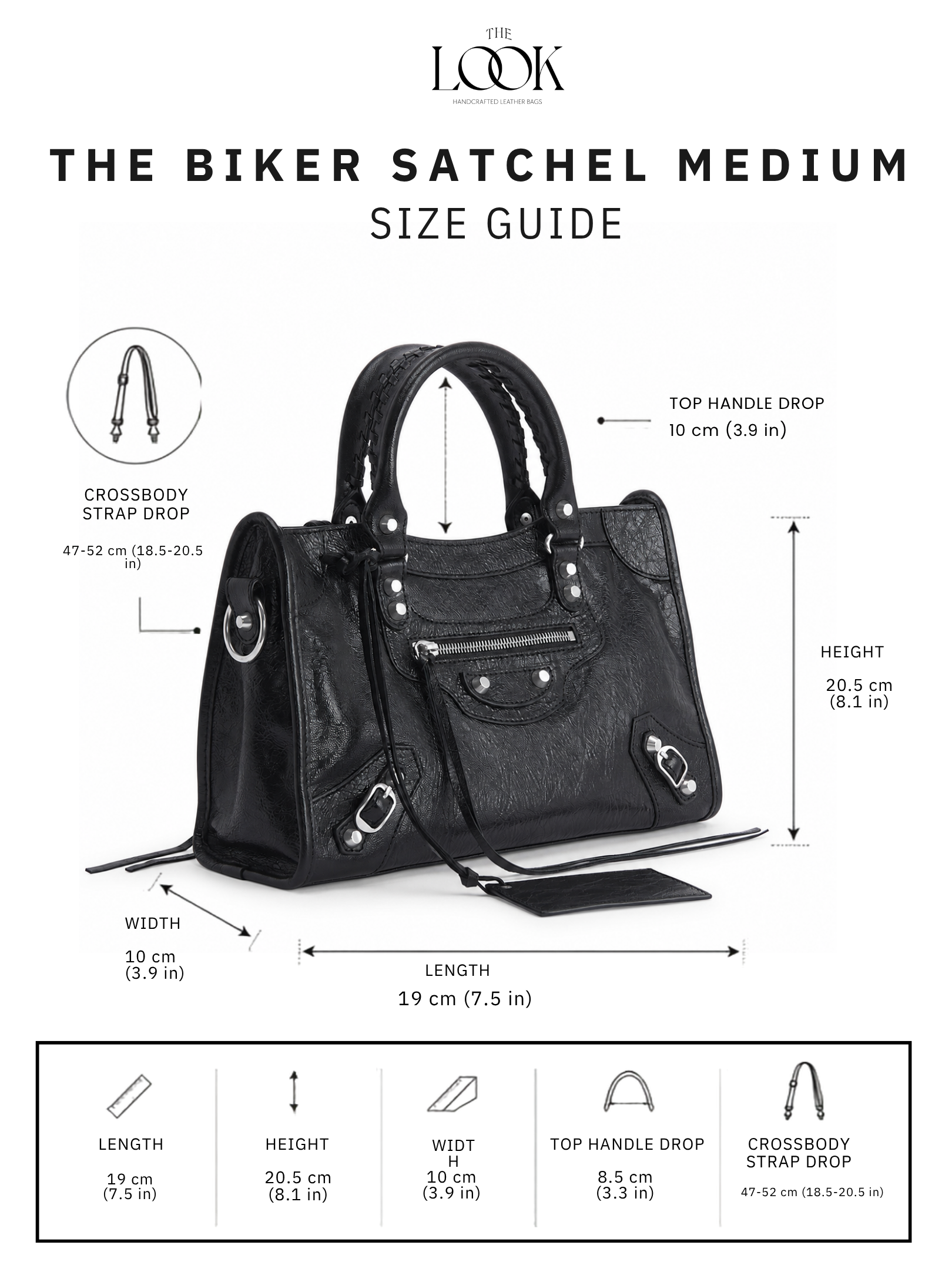 Biker Satchel Medium size guide measurements