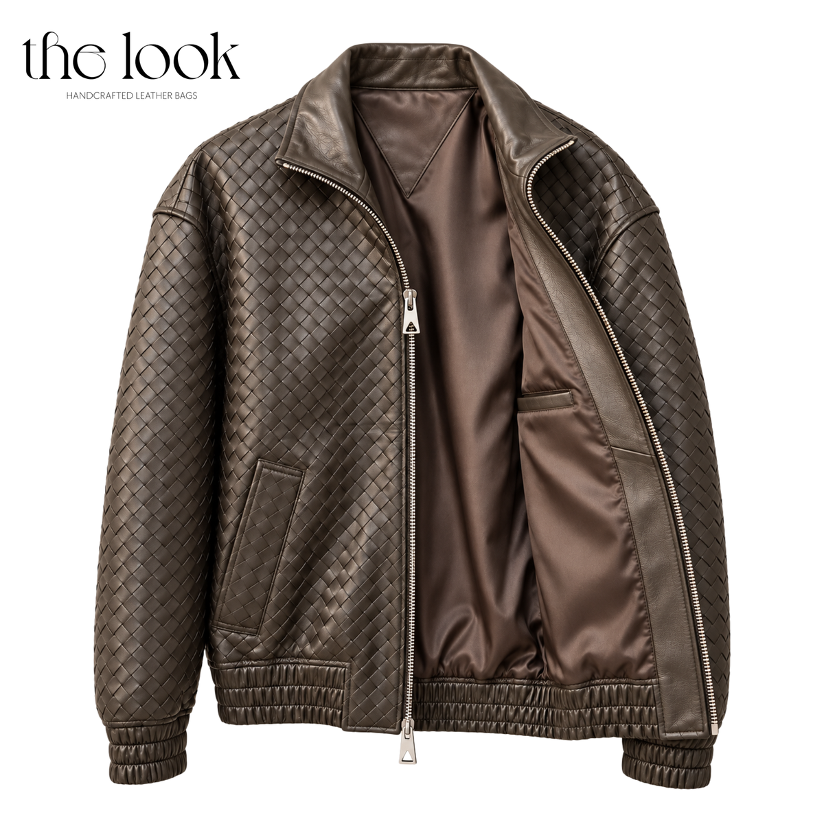 The Loop Weave Bomber Jacket in Chocolate, shown open with interior lining