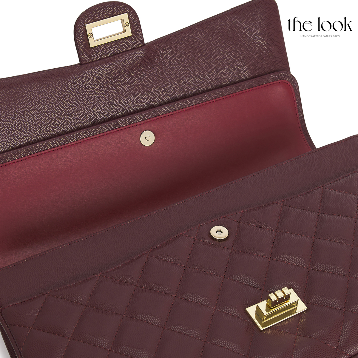 The Quilte Extra Large Convertible Shoulder Bag in Burgundy with open double-flap interior | The Look Officiel