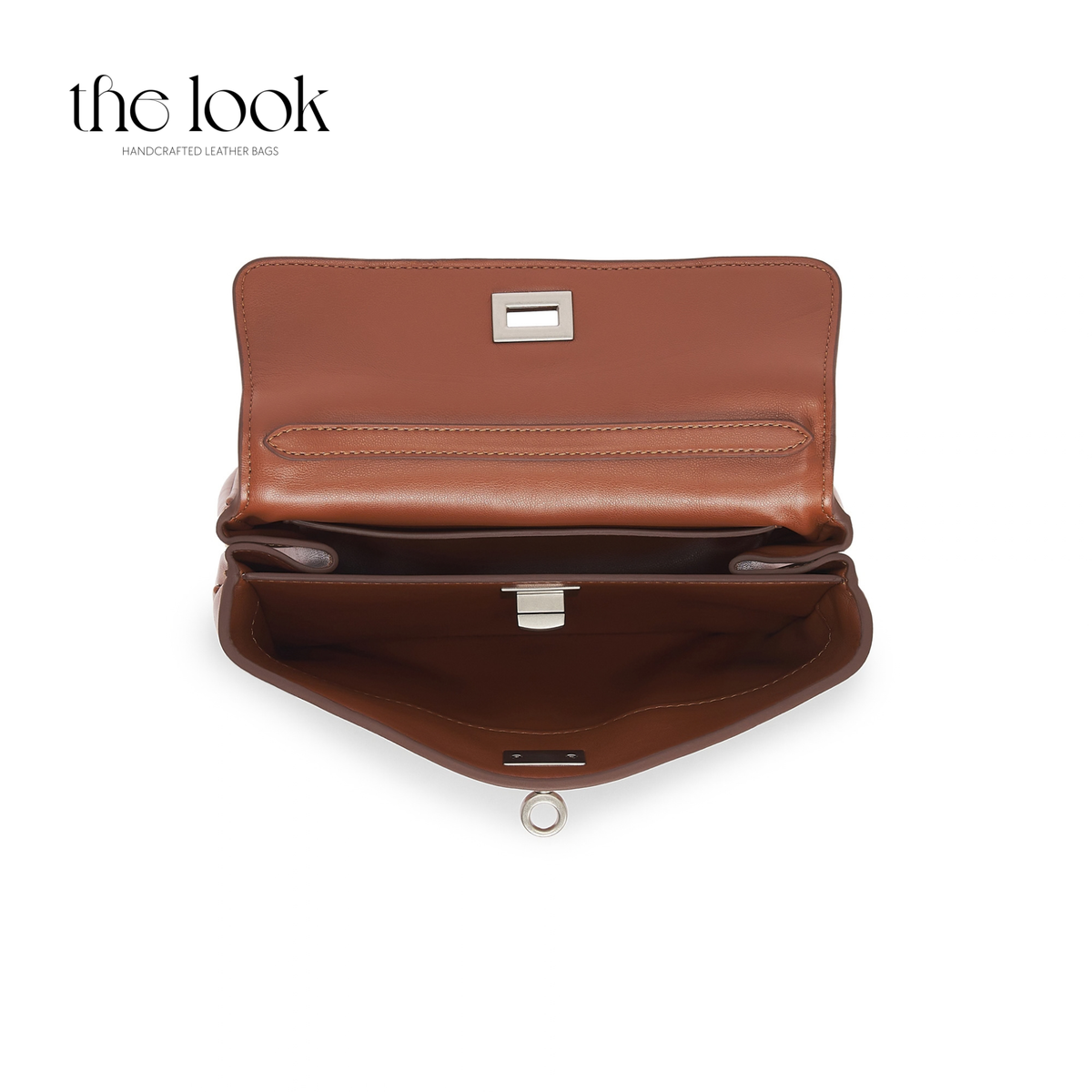 Valen Small Satchel in Caramel, open top view showing interior and compartments | The Look Officiel