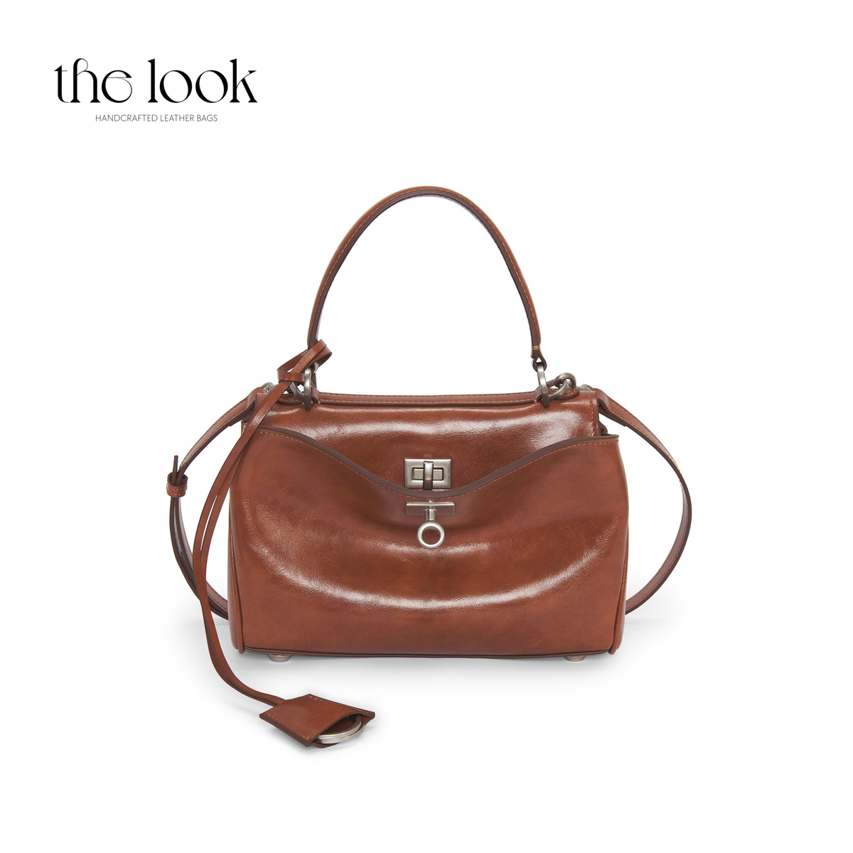 Valen Small Satchel in Caramel, front view with top handle and shoulder strap | The Look Officiel