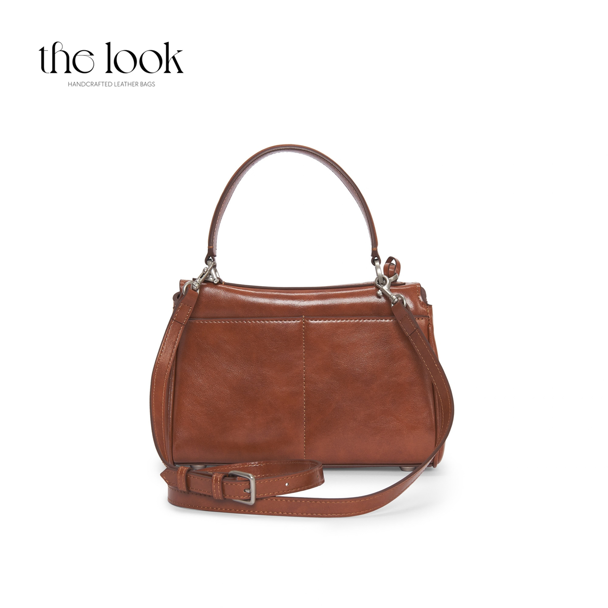 Valen Small Satchel in Caramel, back view with adjustable shoulder strap | The Look Officiel