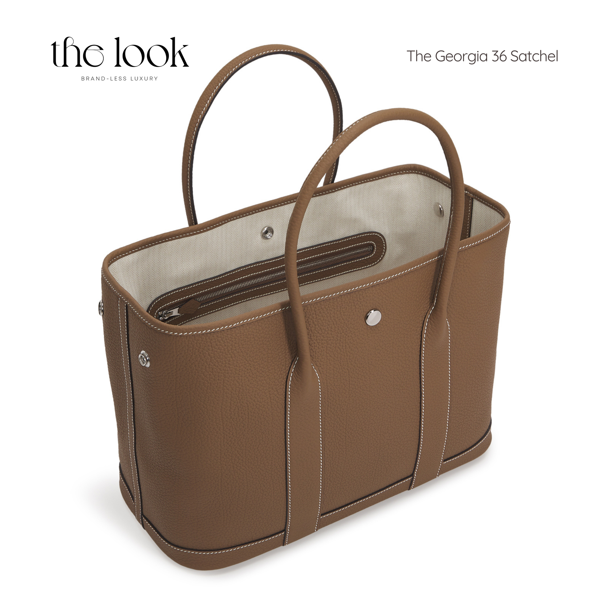 Brown satchel bag with beige interior on a white background, branded 'the look'. | The Look Officiel