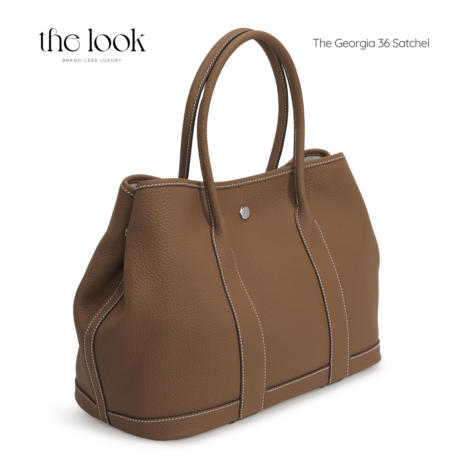 Brown leather satchel bag on a white background with 'the look' branding. | The Look Officiel