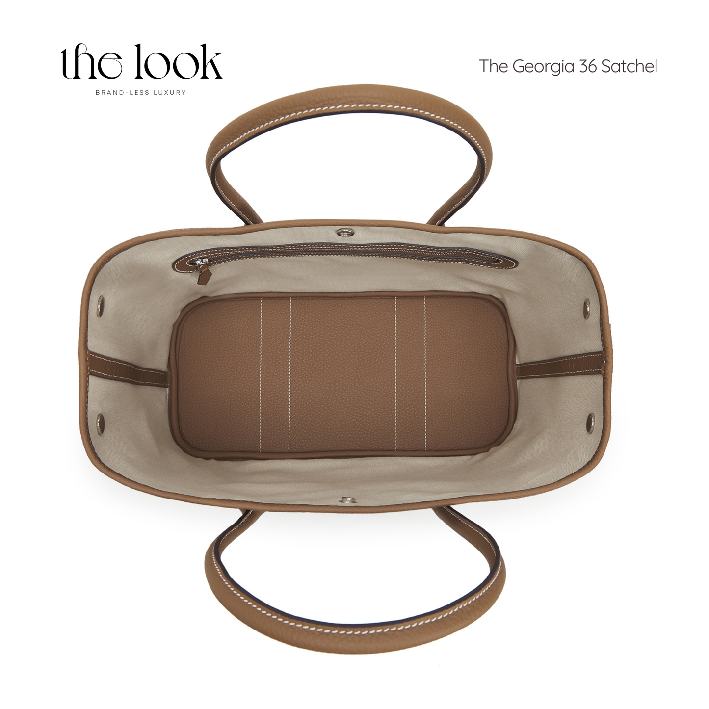 Brown handbag with beige interior on a white background, featuring 'the look' branding. | The Look Officiel