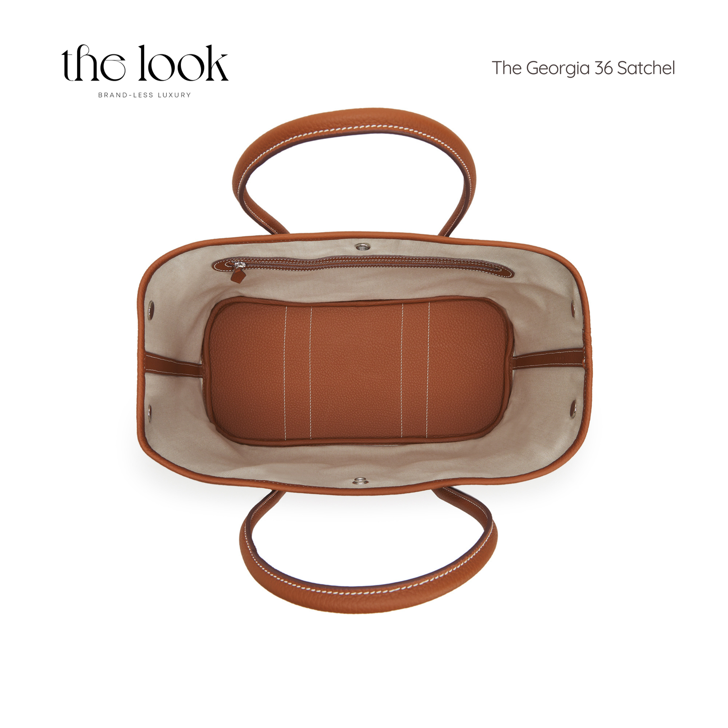 Brown handbag with visible stitching on a white background, featuring 'the look' brand. | The Look Officiel