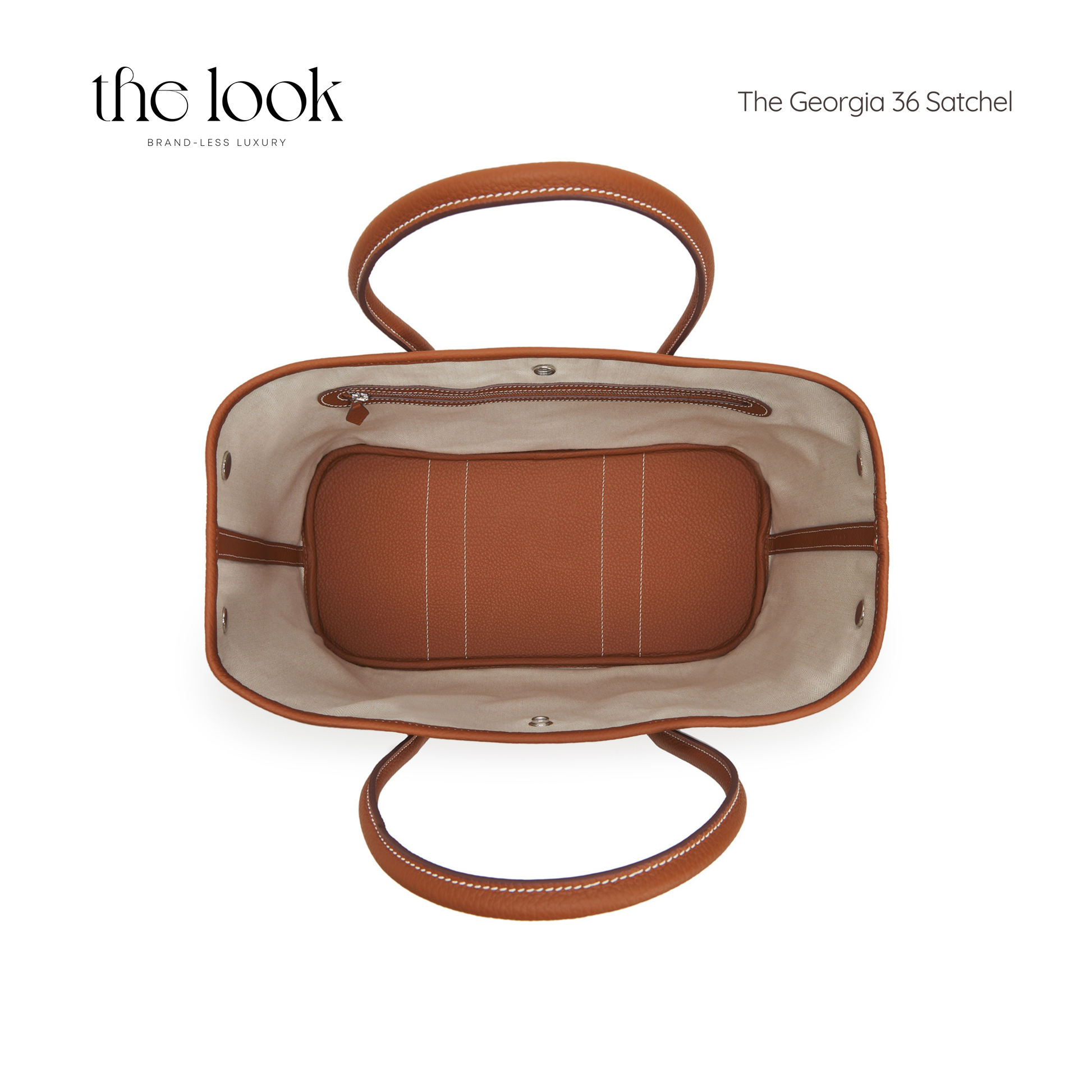 Brown handbag with visible stitching on a white background, featuring 'the look' brand. | The Look Officiel