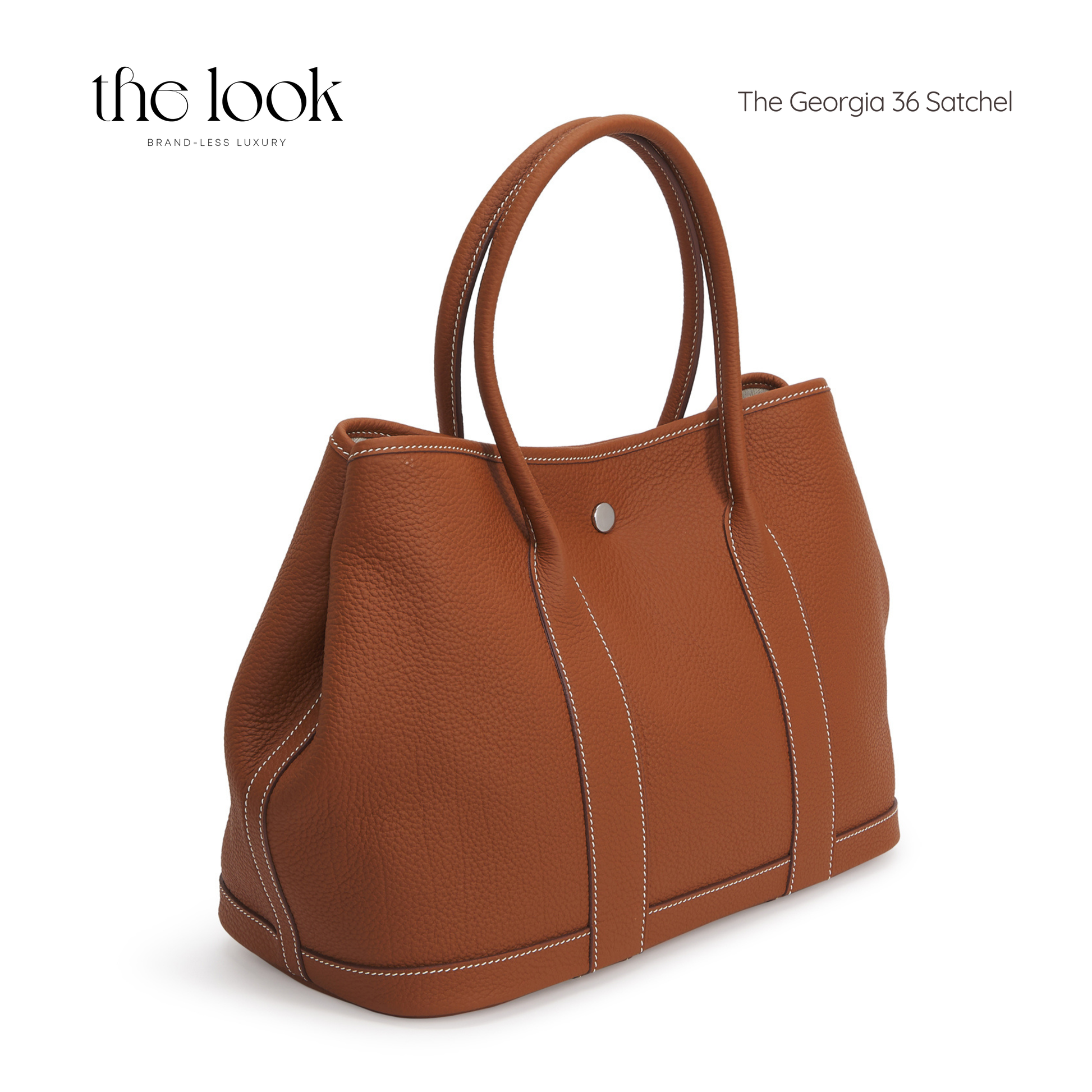 Brown leather satchel bag on a white background with 'the look' branding. | The Look Officiel