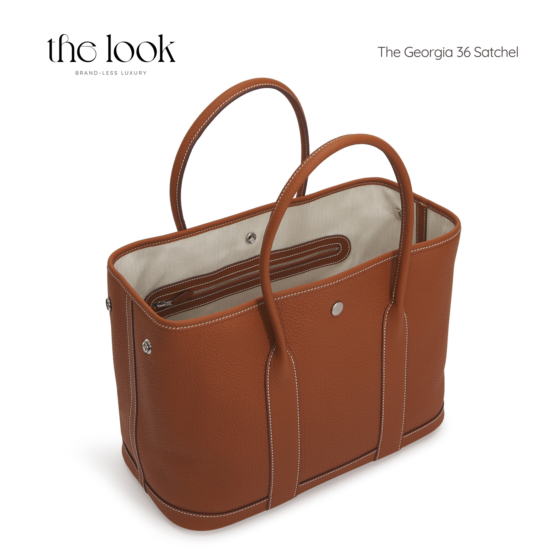 Brown leather satchel bag on a white background with 'the look' branding. | The Look Officiel