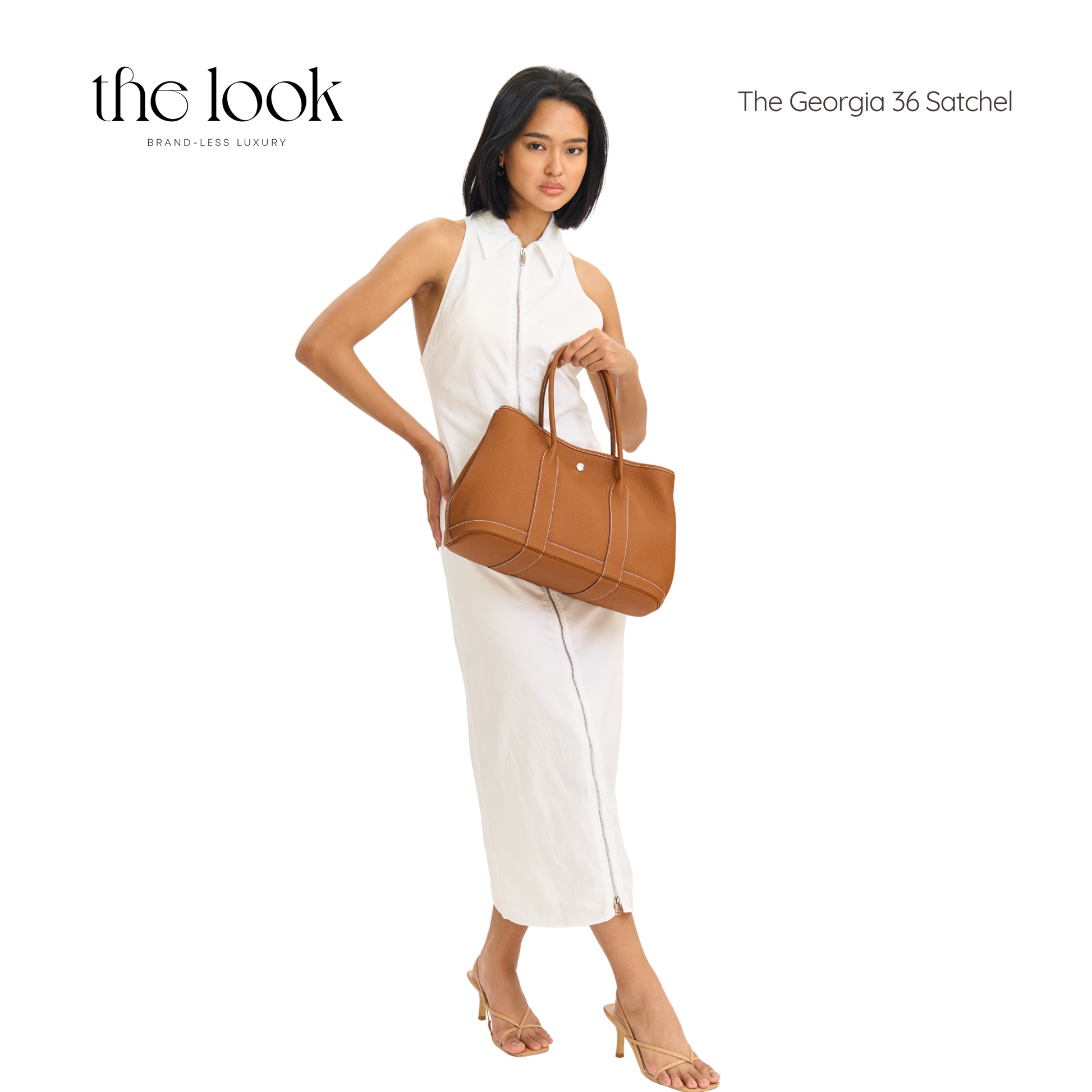 Woman holding a brown handbag with 'the look' branding on a white background | The Look Officiel